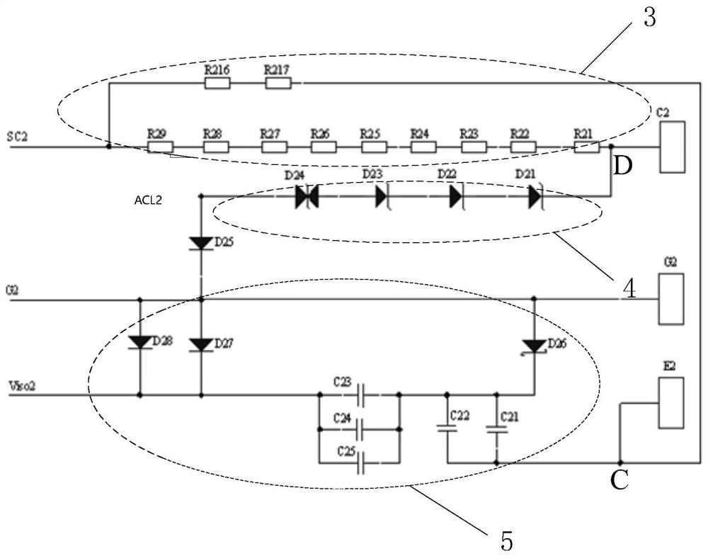 Gate absorption suppression and short-circuit protection circuit for double-transistor igbt