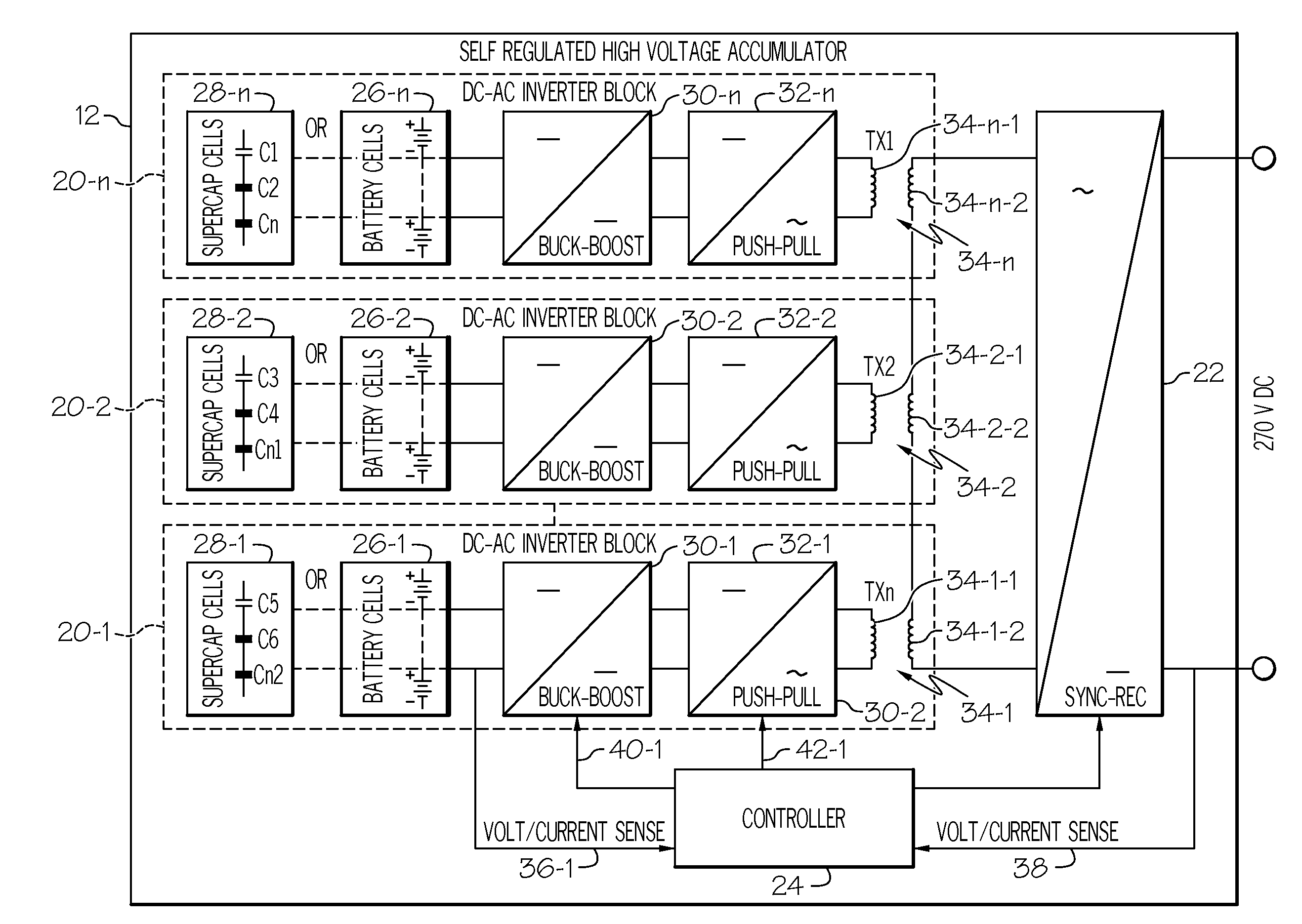 High voltage electric accumulators with internal distributed dc-dc converters for self regulation and protection