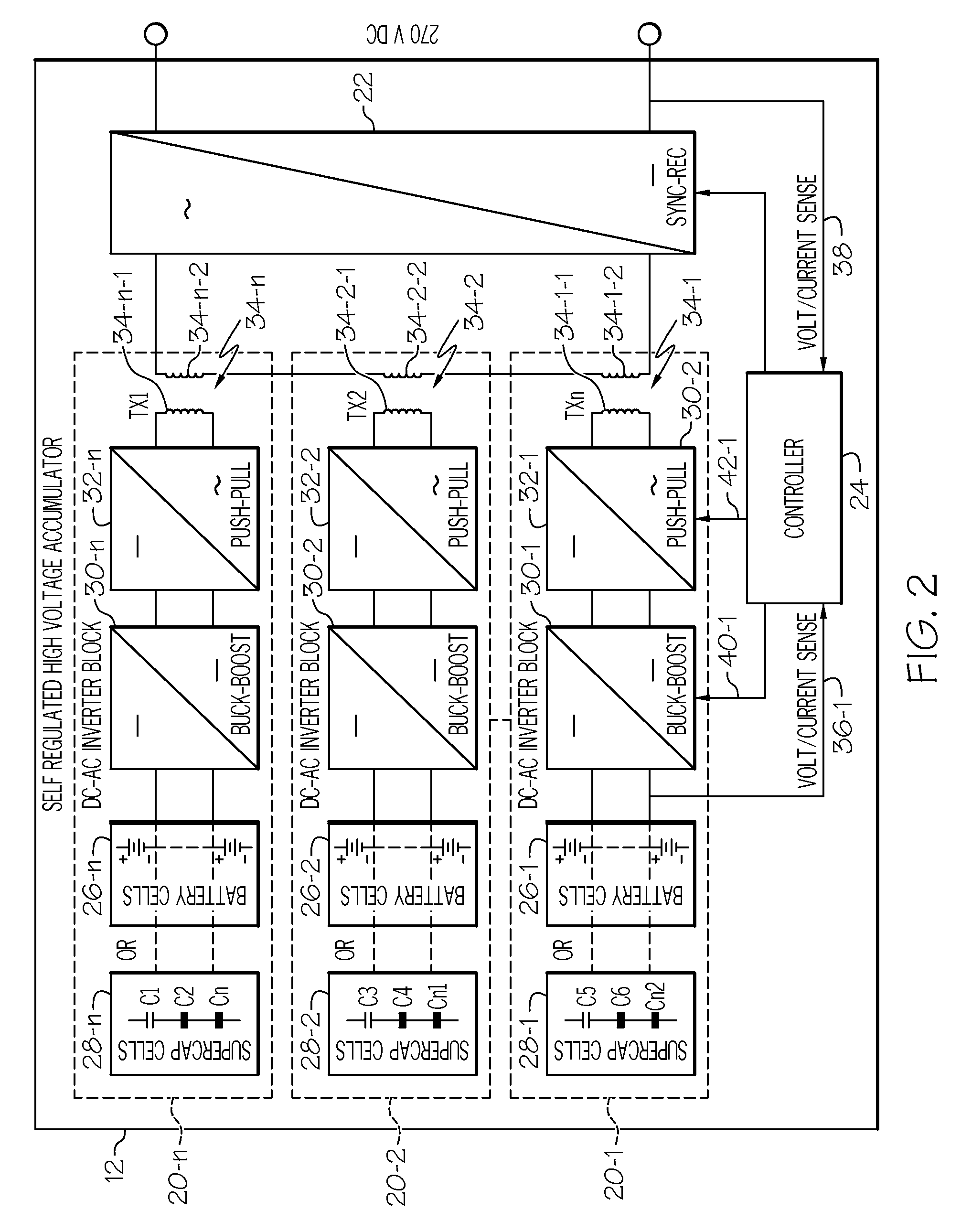 High voltage electric accumulators with internal distributed dc-dc converters for self regulation and protection