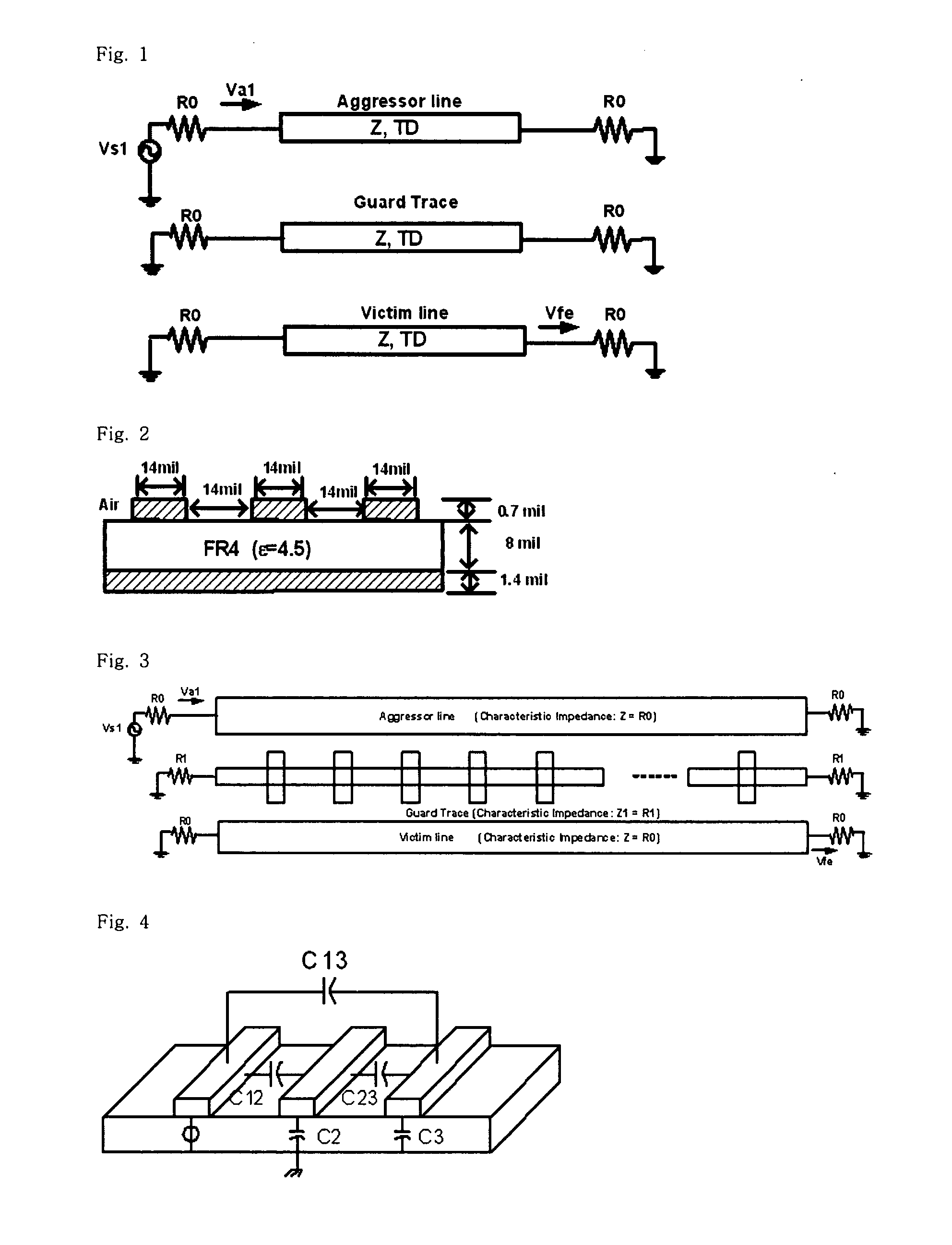 Guard trace pattern reducing the far-end cross-talk and printed circuit board including the pattern