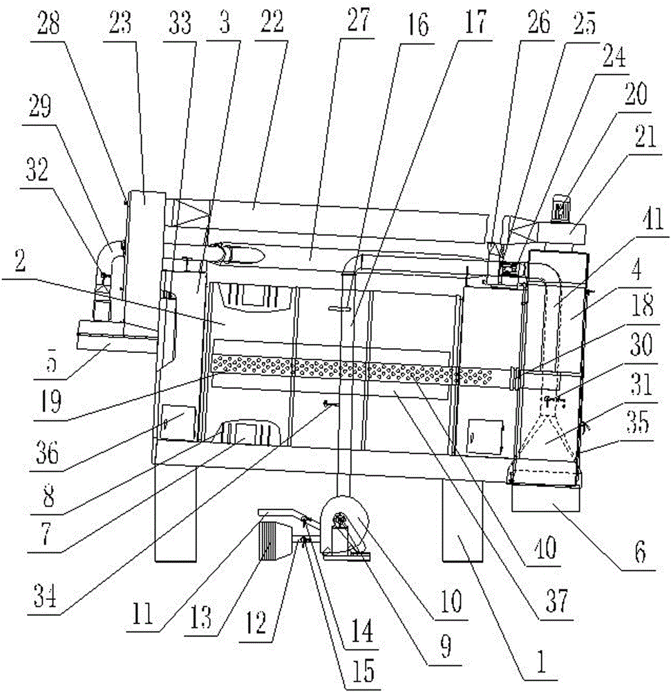 A dampening machine capable of improving the uniformity of temperature and humidity of tobacco leaves and reducing crushing