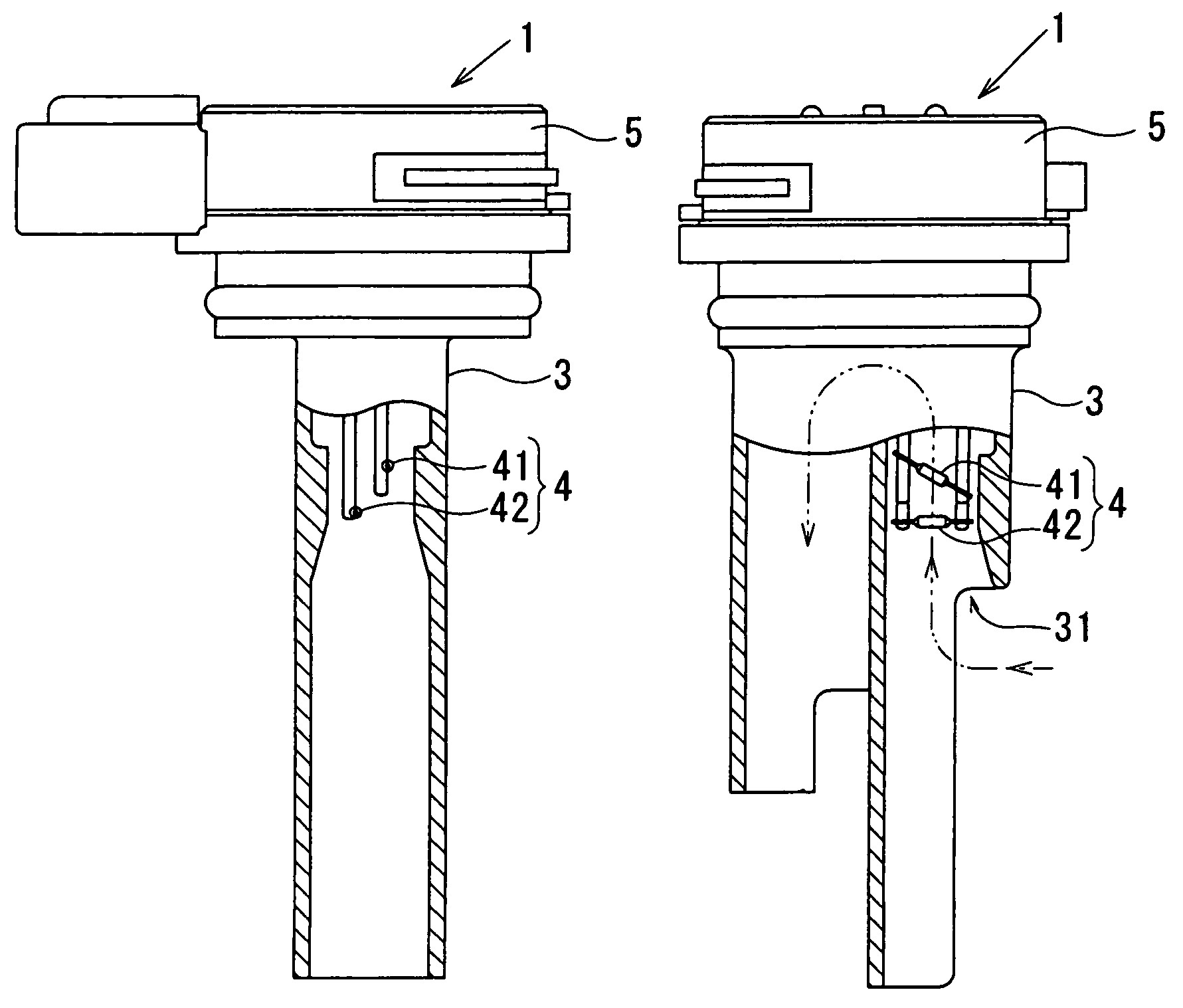 Flow measuring device having heating resistor in inclined position with respect to the flow direction