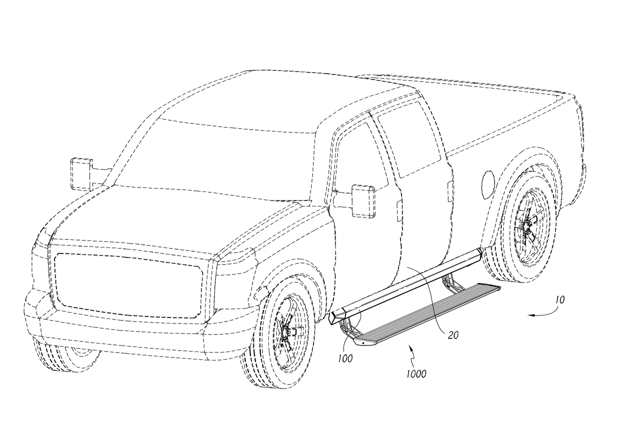 Retractable step and side bar assembly for raised vehicle