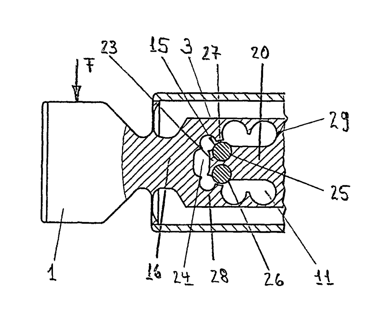 Hermetic weighing cell having overload protection