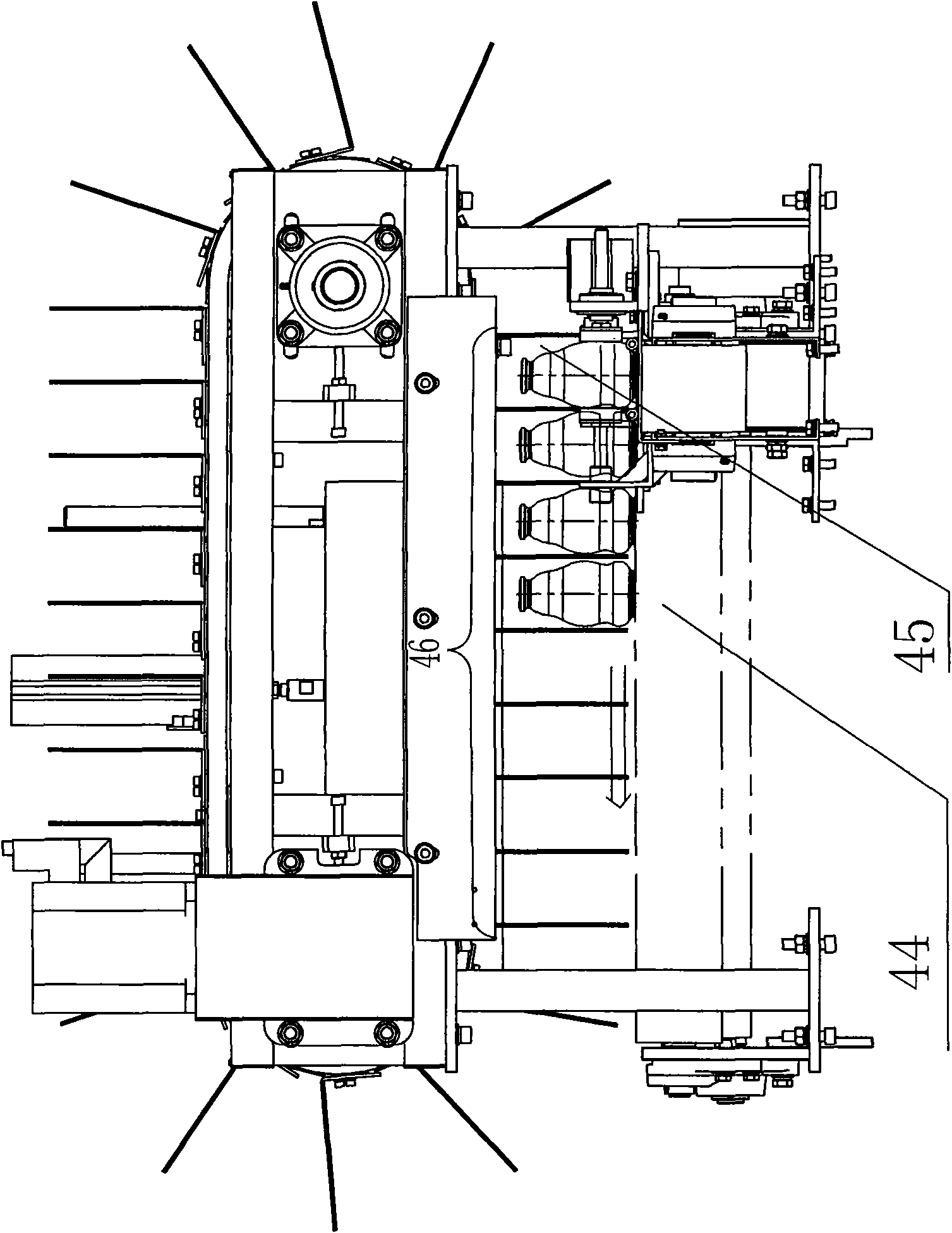 Straightening track-dividing device for shrink film packaging bottles