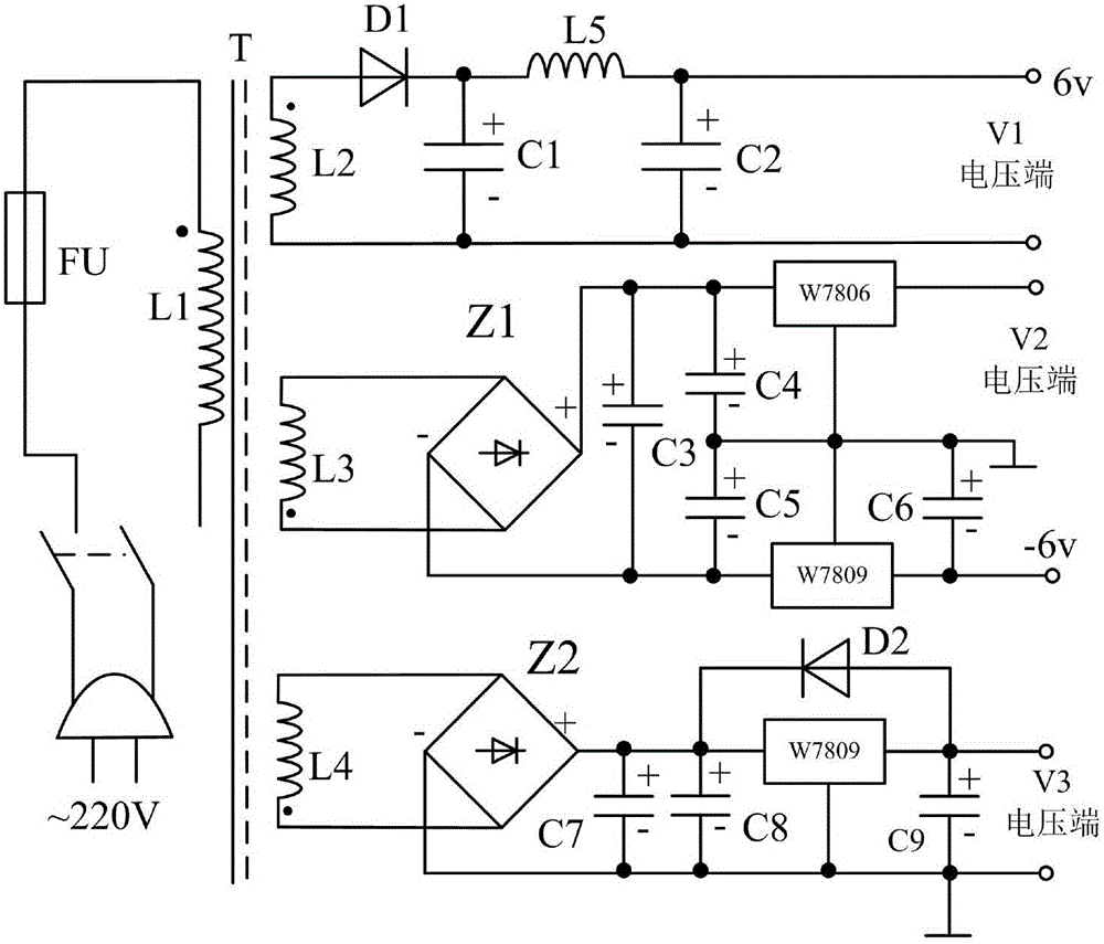 Logic-protection-emitter-coupling-type three-filter-type multi-output LED protection system