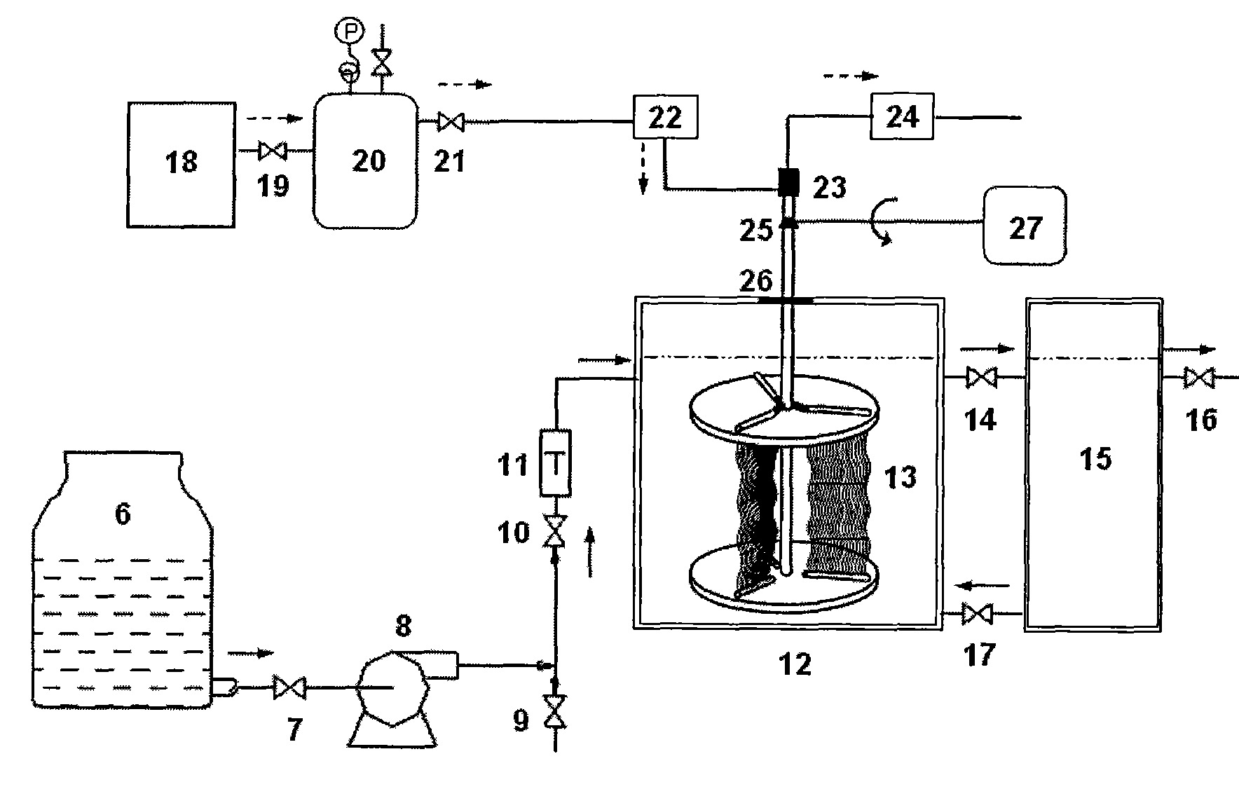 Rotary type hollow fiber porous membrane foamless oxygen charging device and method