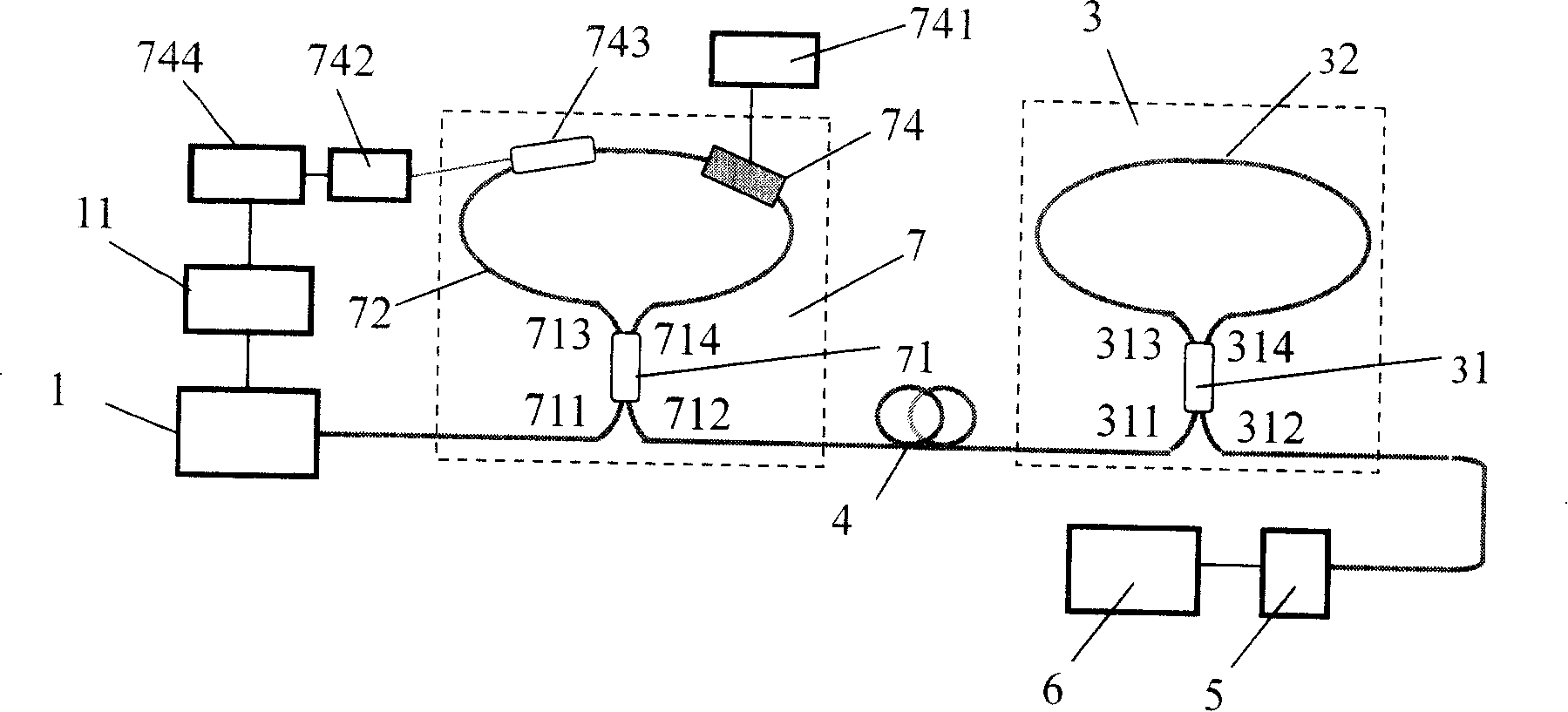 Dying oscillation absorption spectrum detecting and sensing device for all optical fiber cavity