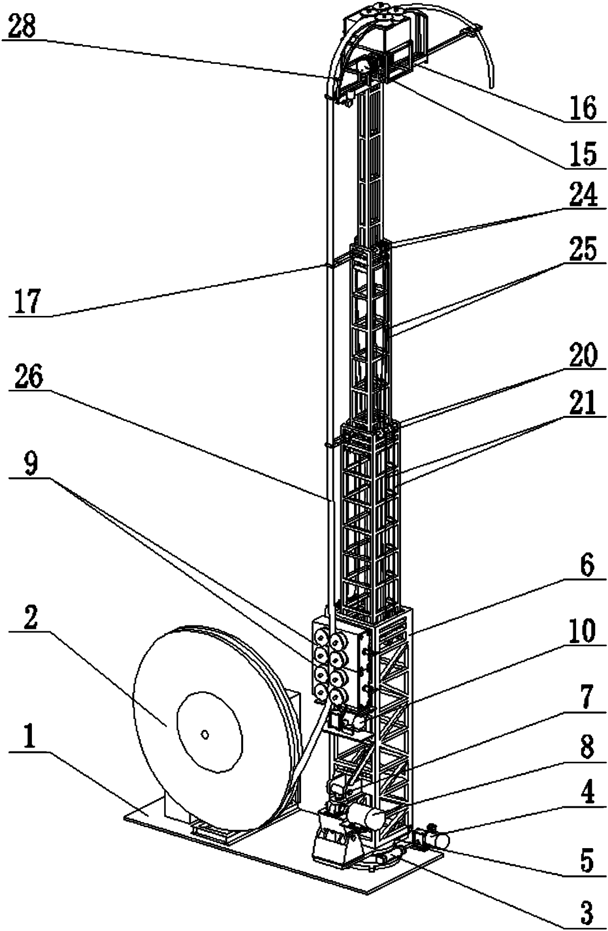 A low-voltage shore power cable lifting and conveying device