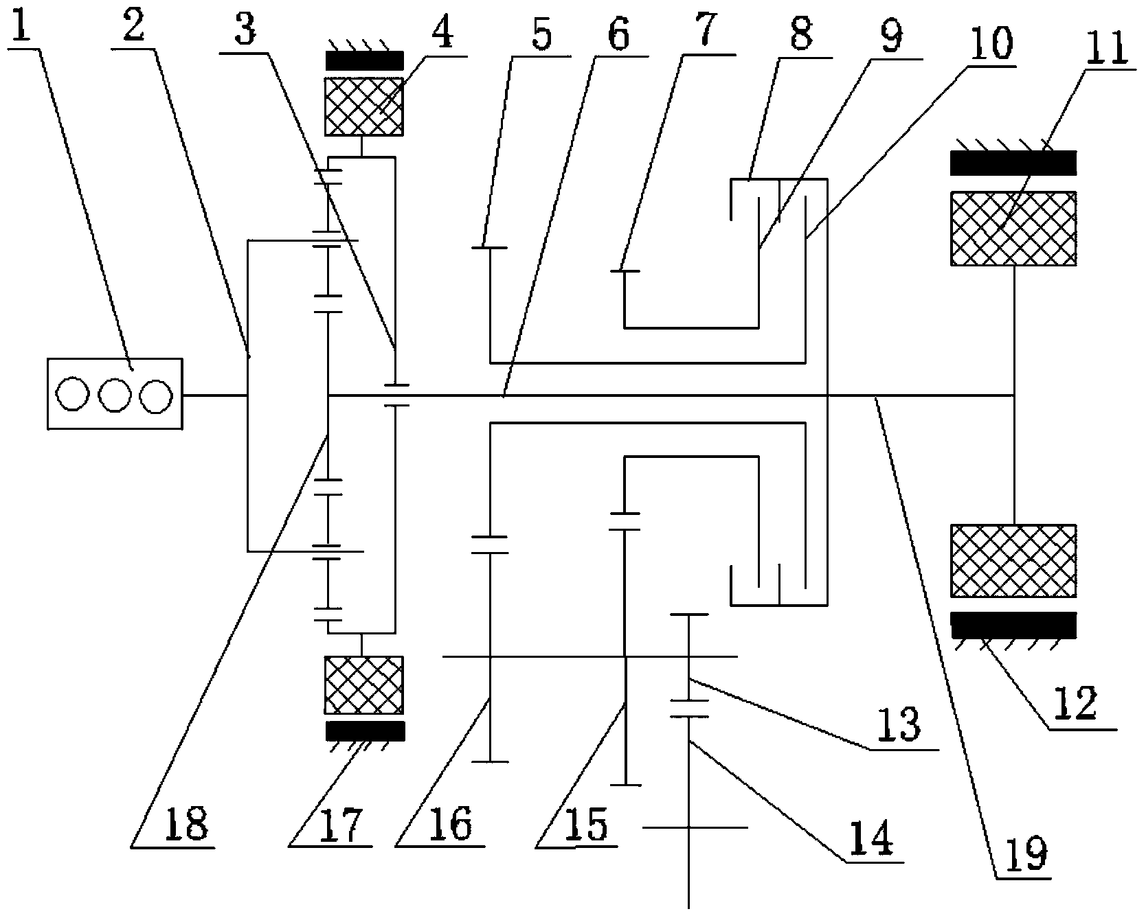 Power system of extended-range type electric vehicle adopting combination of double clutch and planetary gears