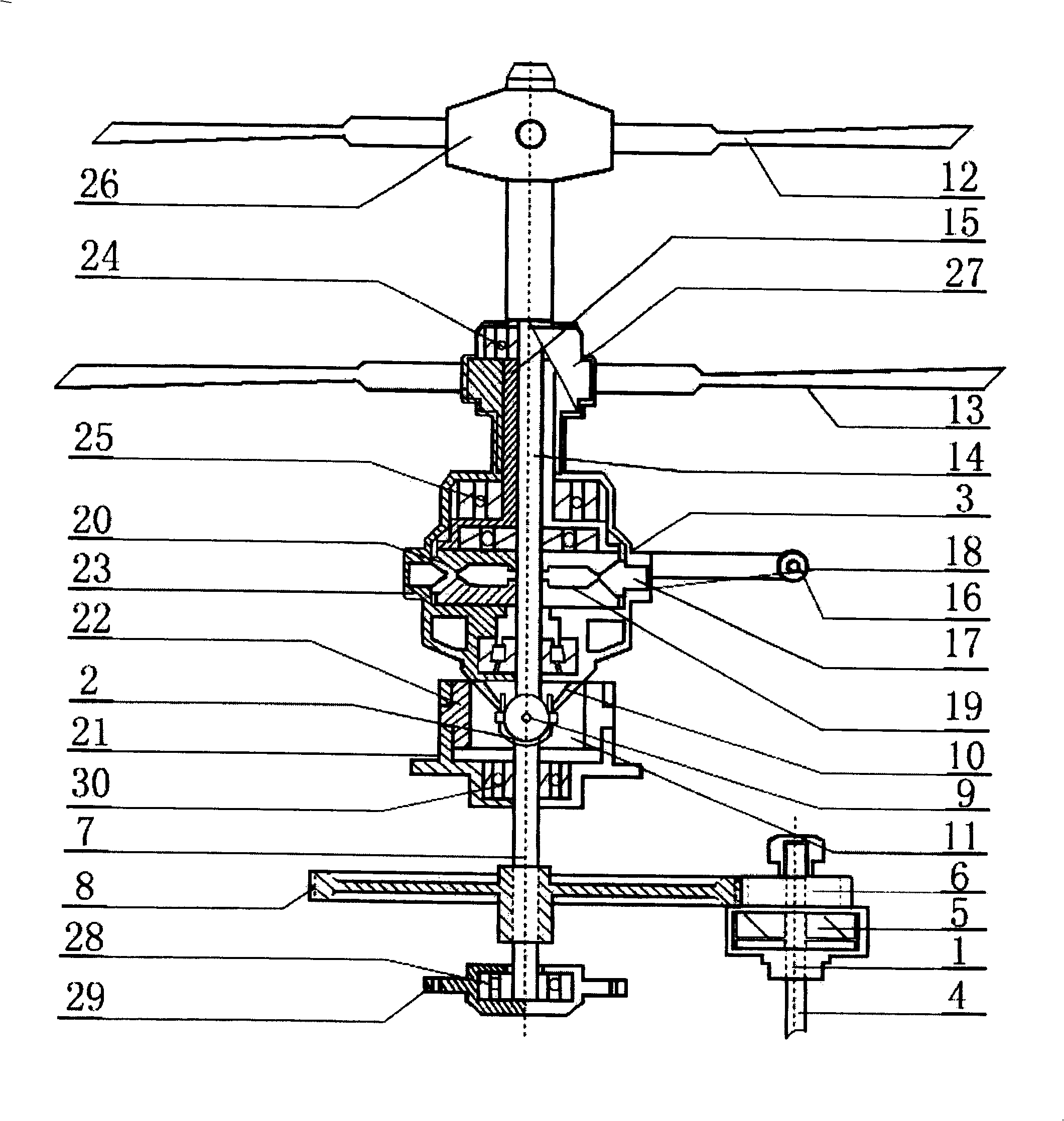 Synchronous switching adjusting device of coaxial double-oared self-spinning wing aircraft