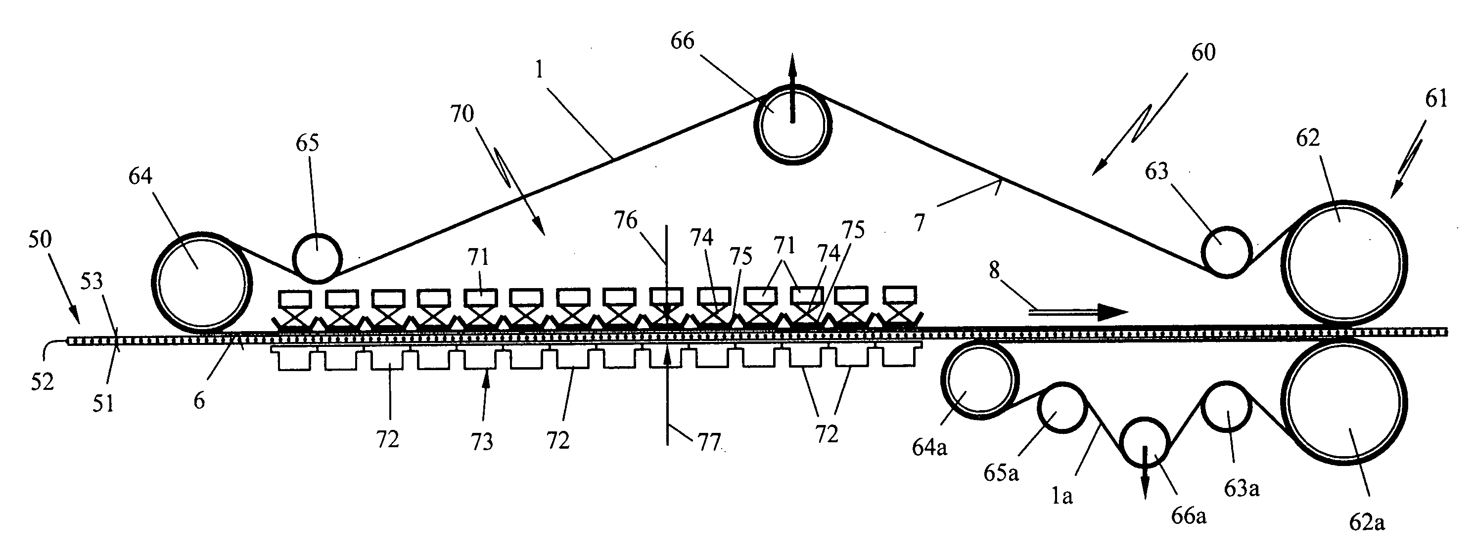 Belt for a corrugator machine having a friction coefficiet reduced driven side