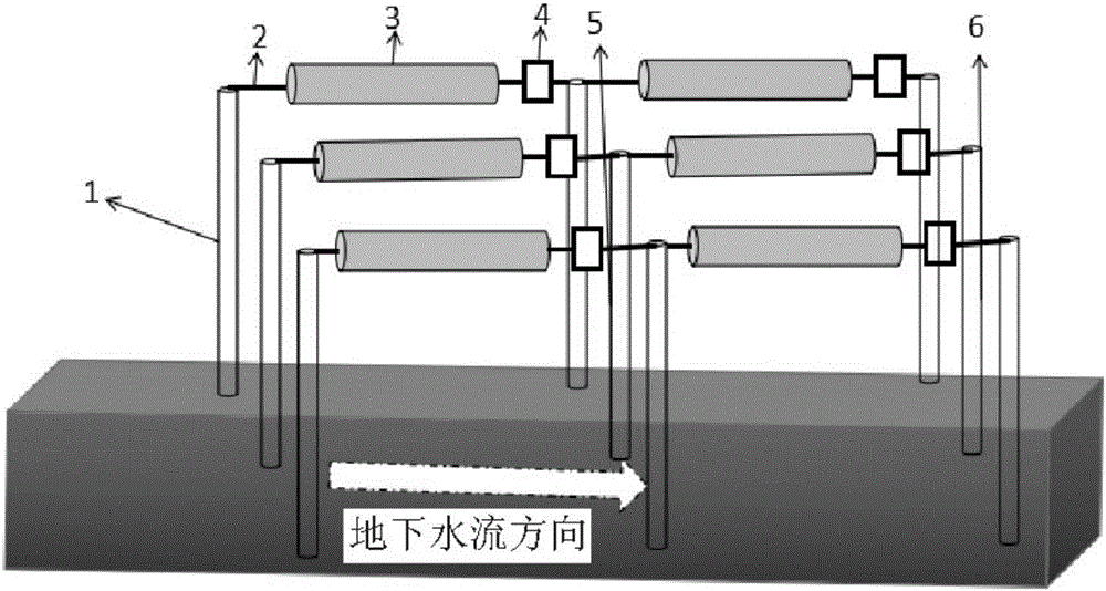 Serial connection progressive underground water heavy metal pollution in-situ restoration system and restoration method