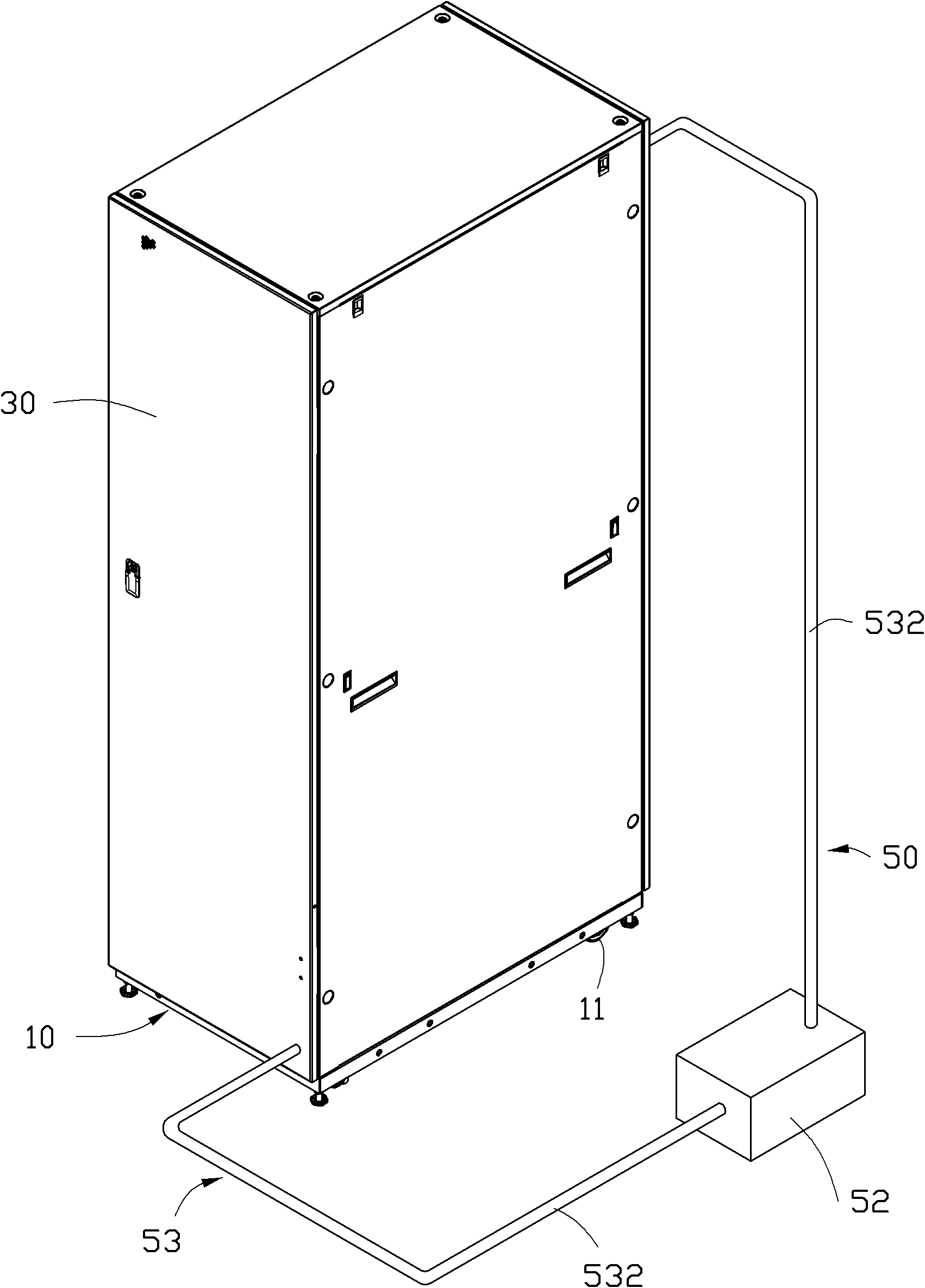 Server machine cabinet and liquid-cooled radiating system thereof