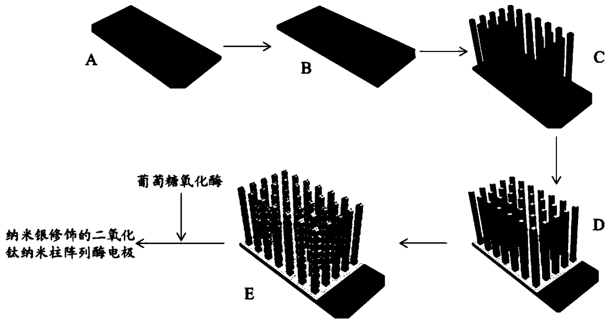 Nanosilver modified titanium dioxide nanorod array enzyme electrode and preparation method and application thereof