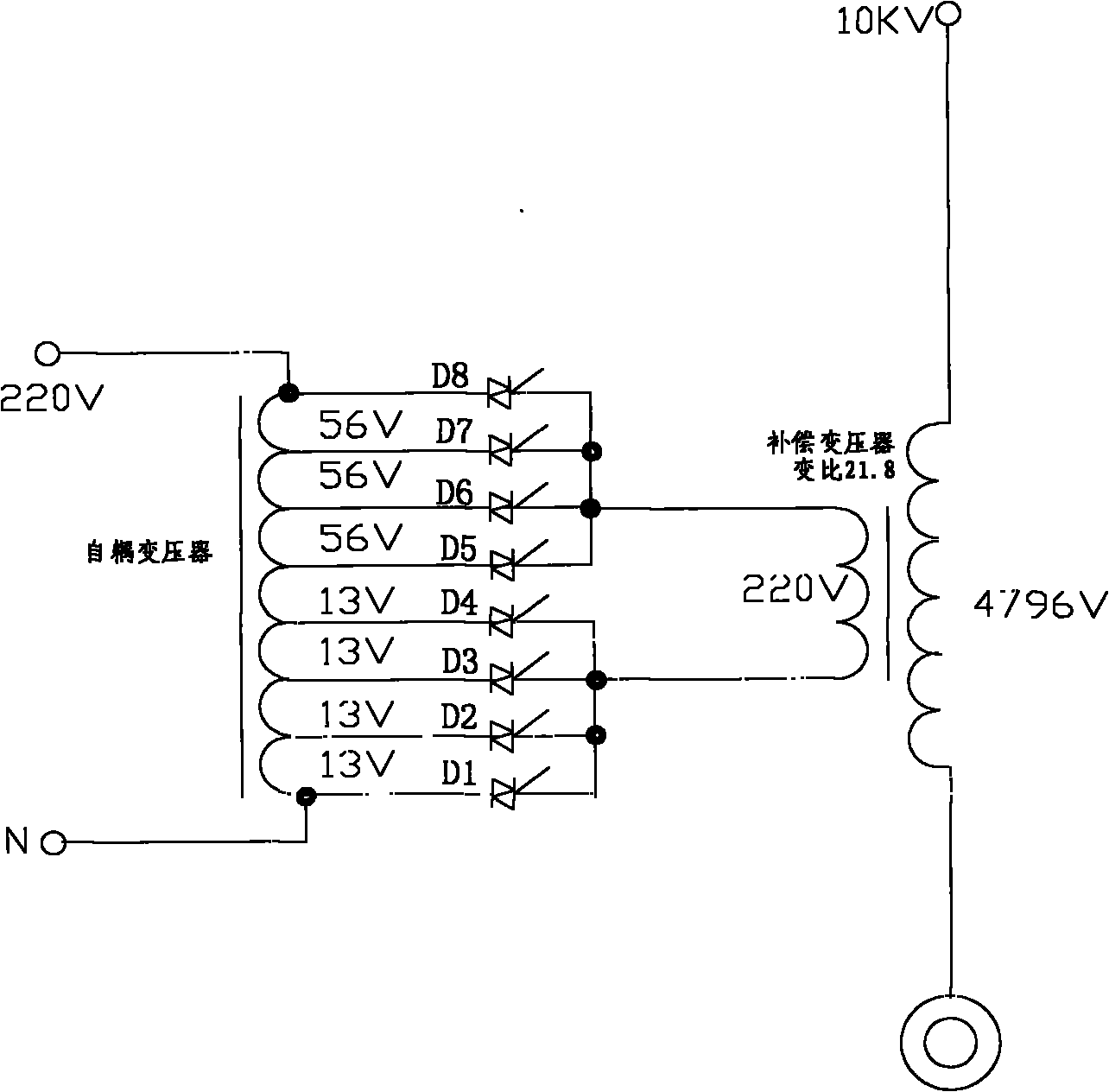 High-voltage soft-starting, voltage-stabilizing and voltage-regulating device of compensating transformer