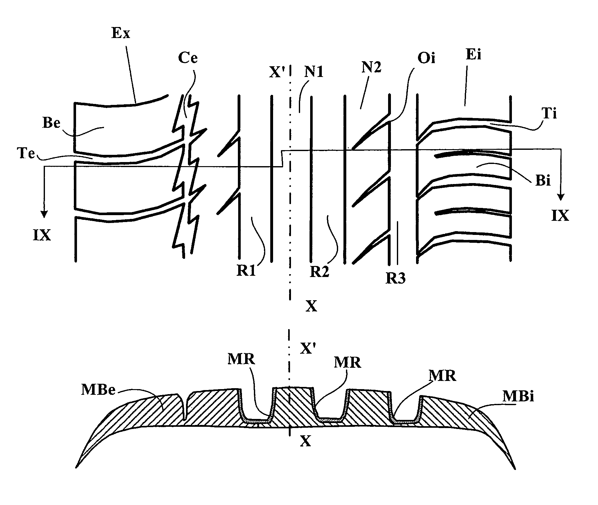 Tread having tread pattern elements formed of at least two rubber mixes