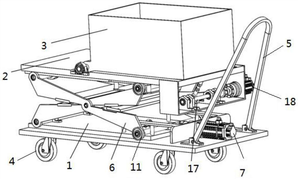 Scissors-fork type electric control material conveying box with overturning function