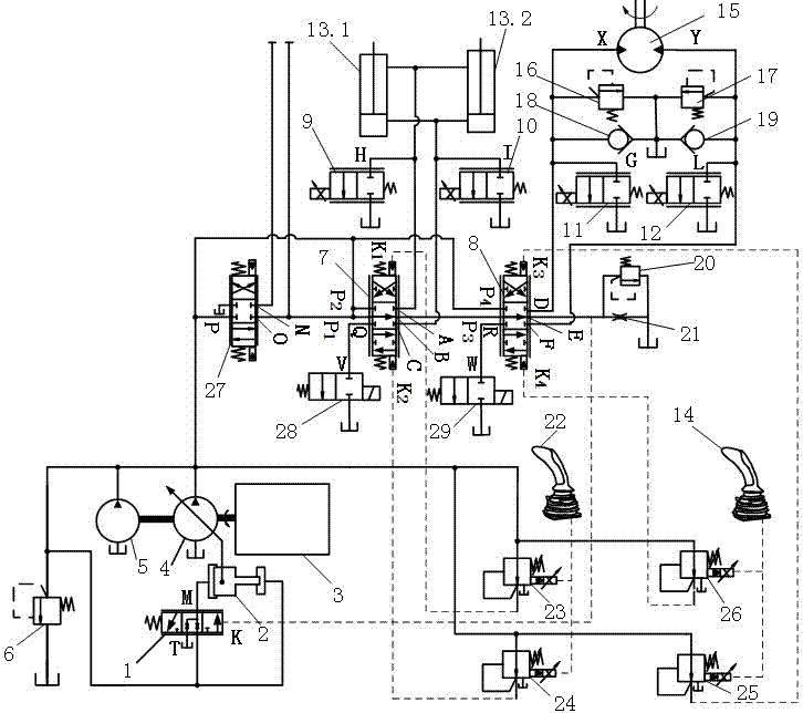 Negative flow inlet and outlet separated combined control hydraulic system