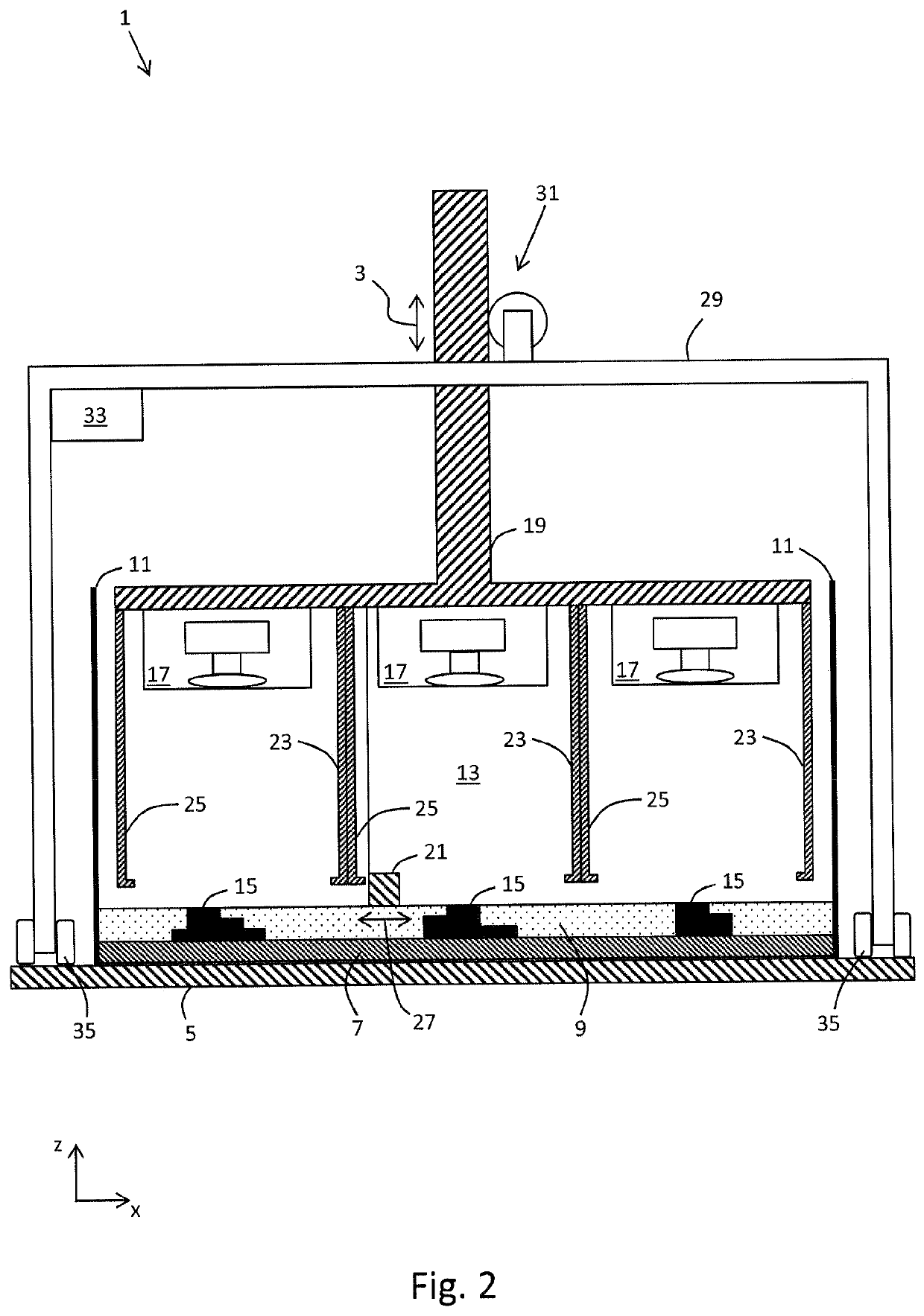 Device and method for producing three-dimensional workpieces