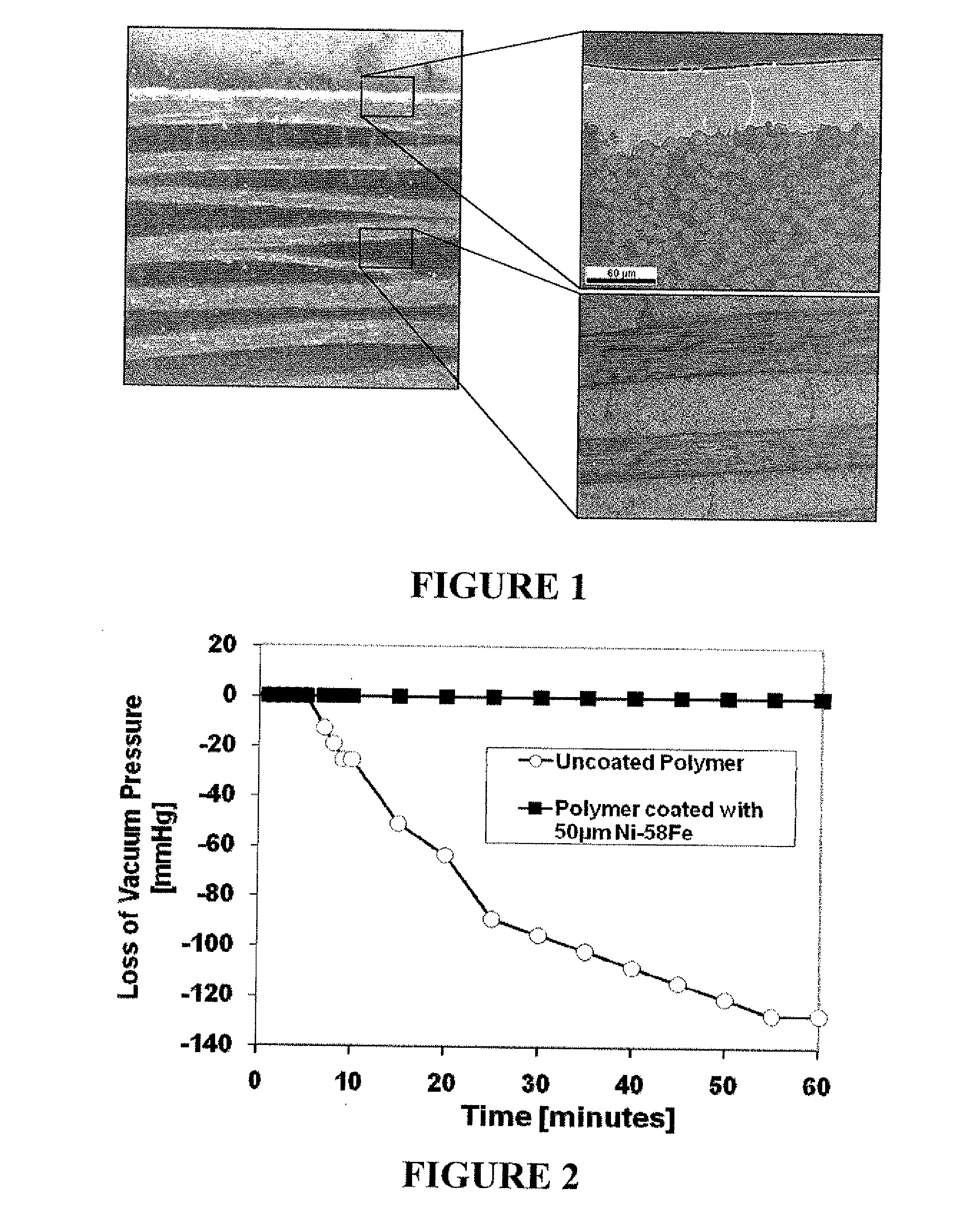 Metal-coated polymer article of high durability and vacuum and/or pressure integrity