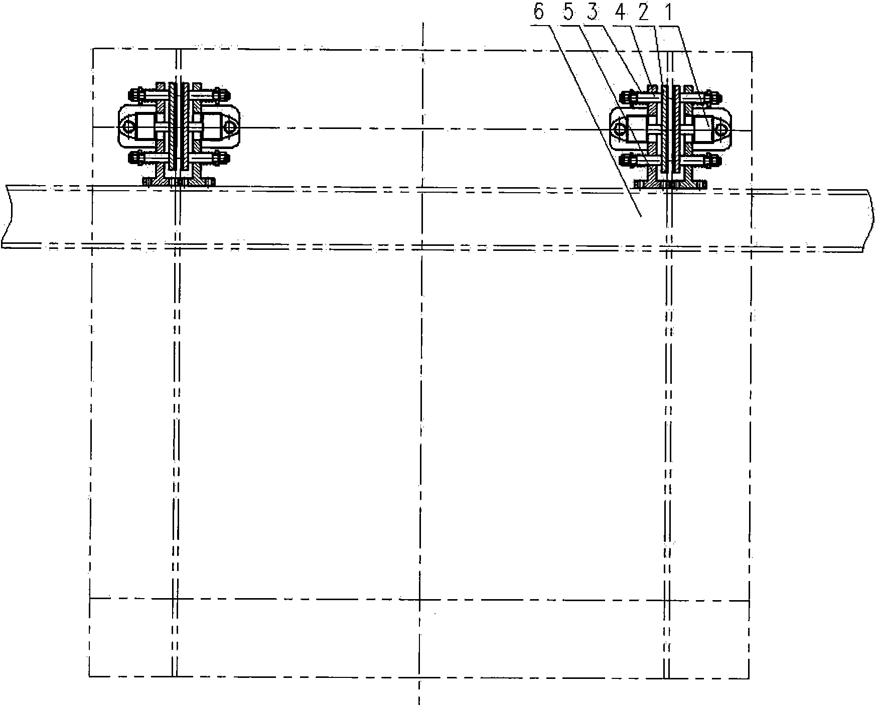 Cage-locking, cage-stabilizing and overwinding and overfalling brake device for of skip of cage of vertical shaft