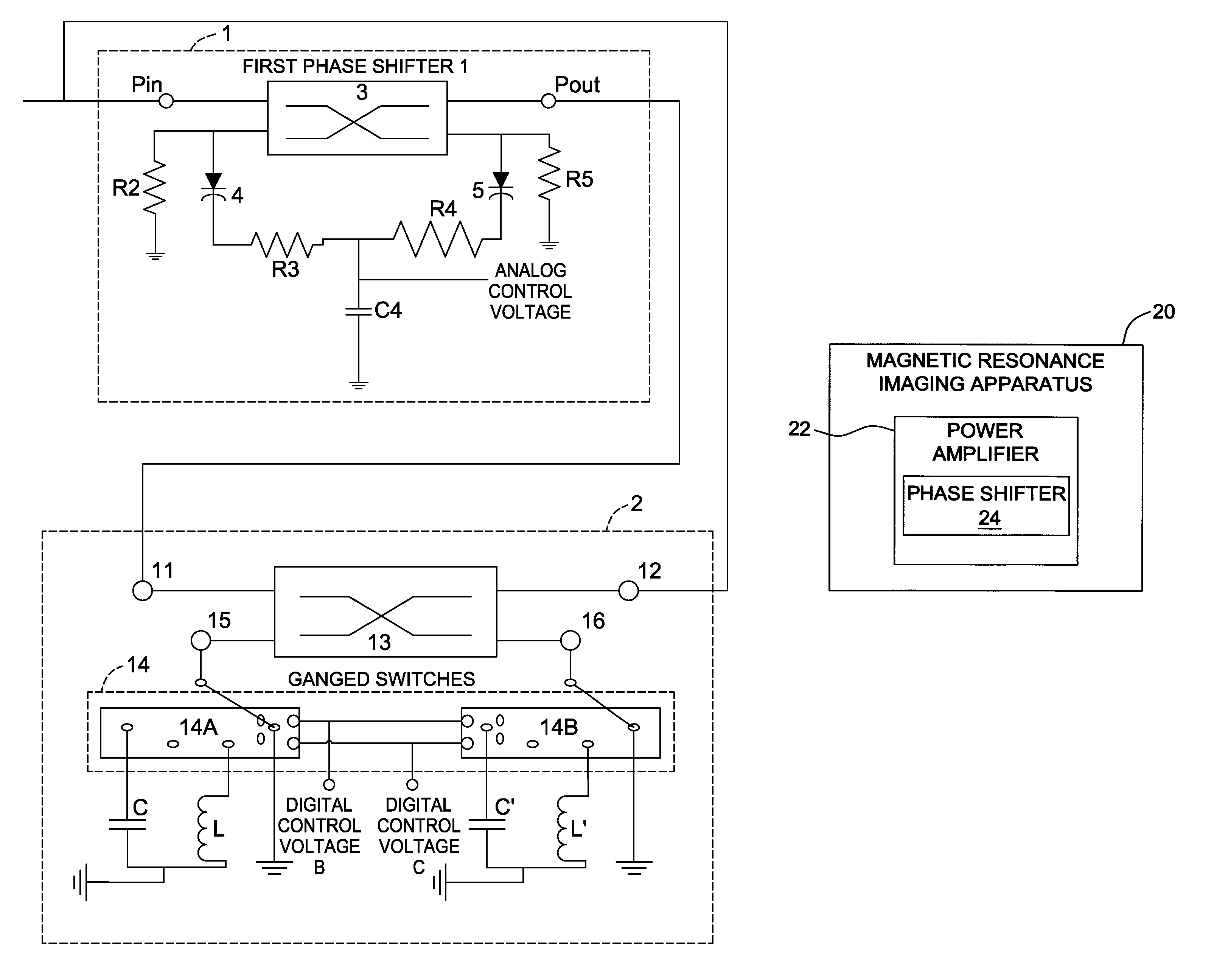 Phase shifter and power amplifier and magnetic resonance imaging apparatus