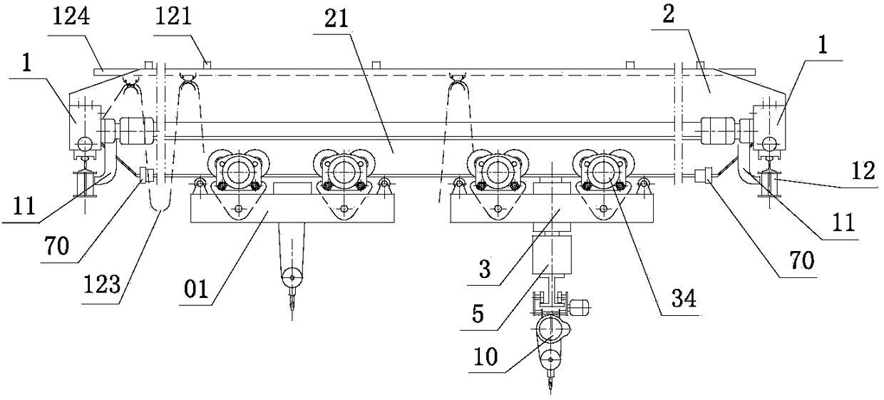 Crane with lifting trolley, suspending trolley and telescopic cantilever beam