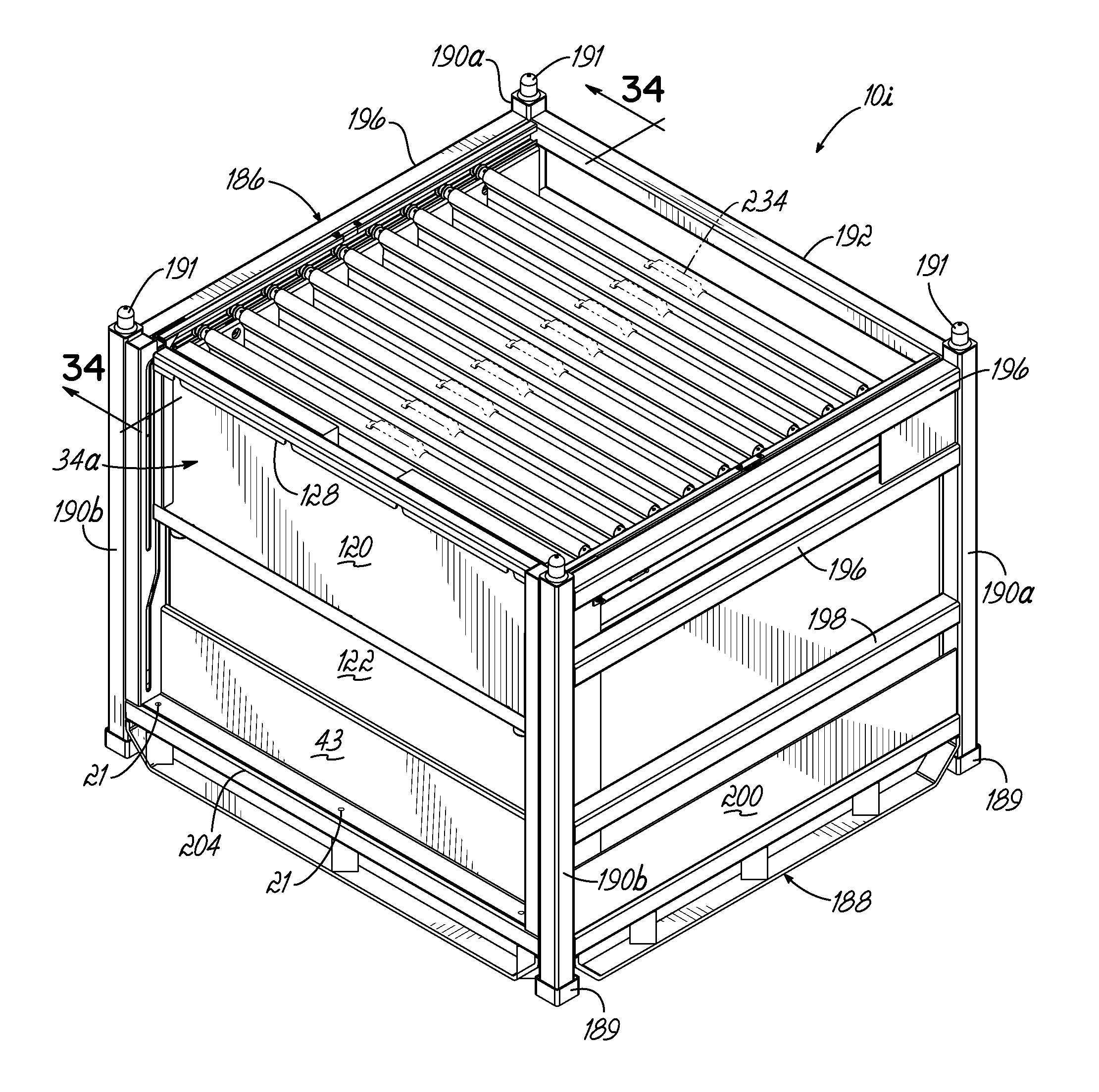 Container having metal outer frame for supporting L-shaped tracks