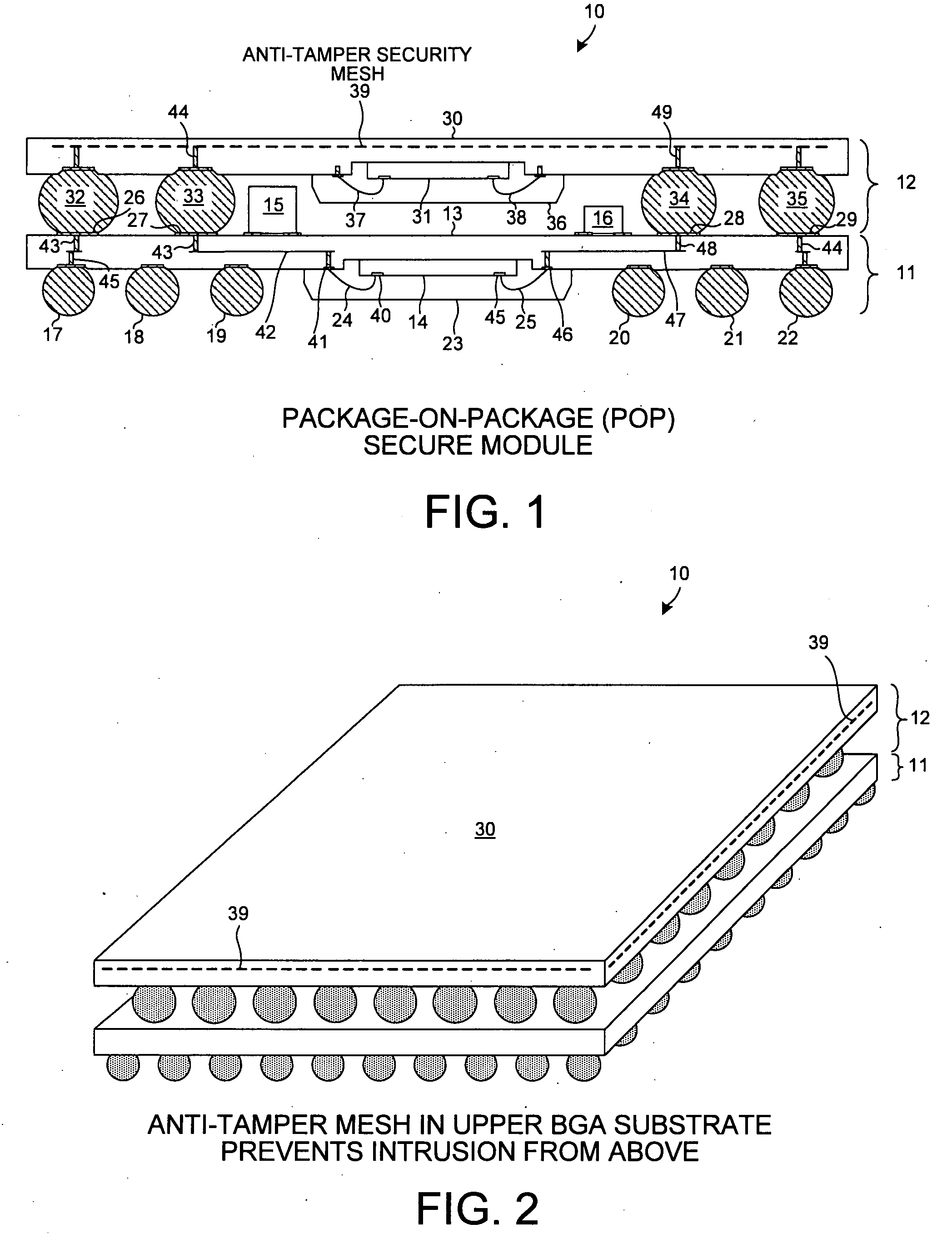 Package-on-package secure module having BGA mesh cap