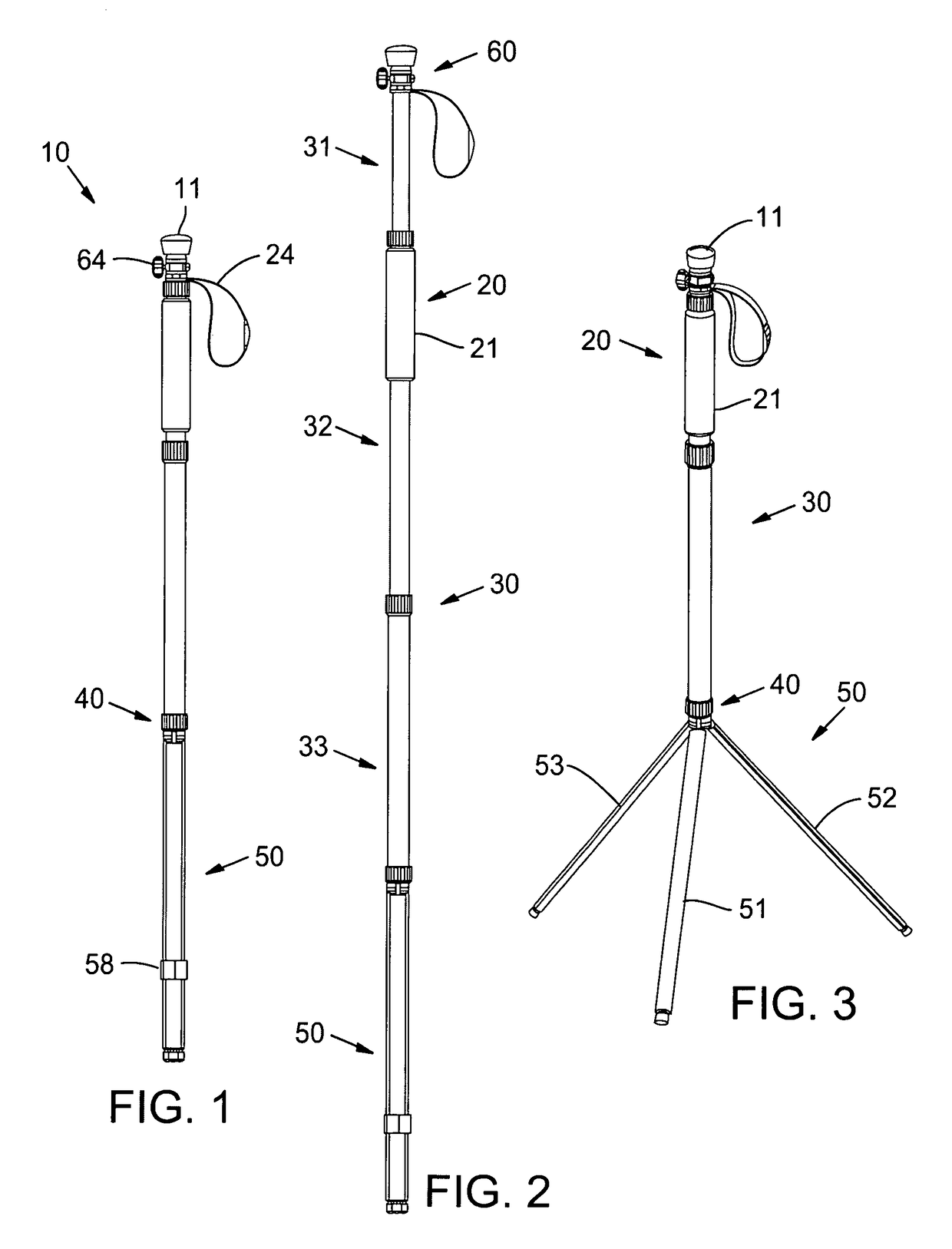 Compactible walking staff having tripod base and adaptable mount