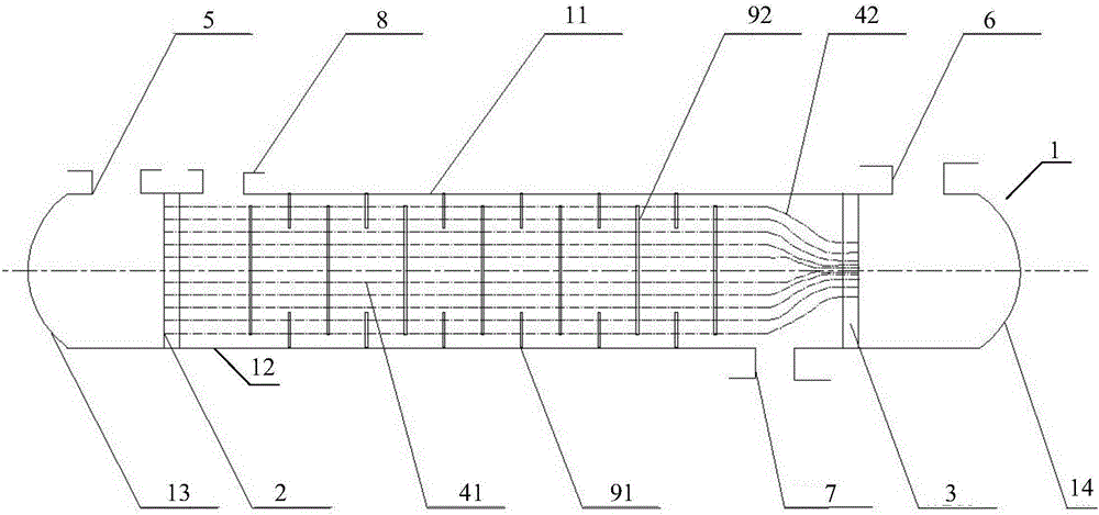 Shell and tube heat exchanger for exchanging heat of fused salts with different temperatures