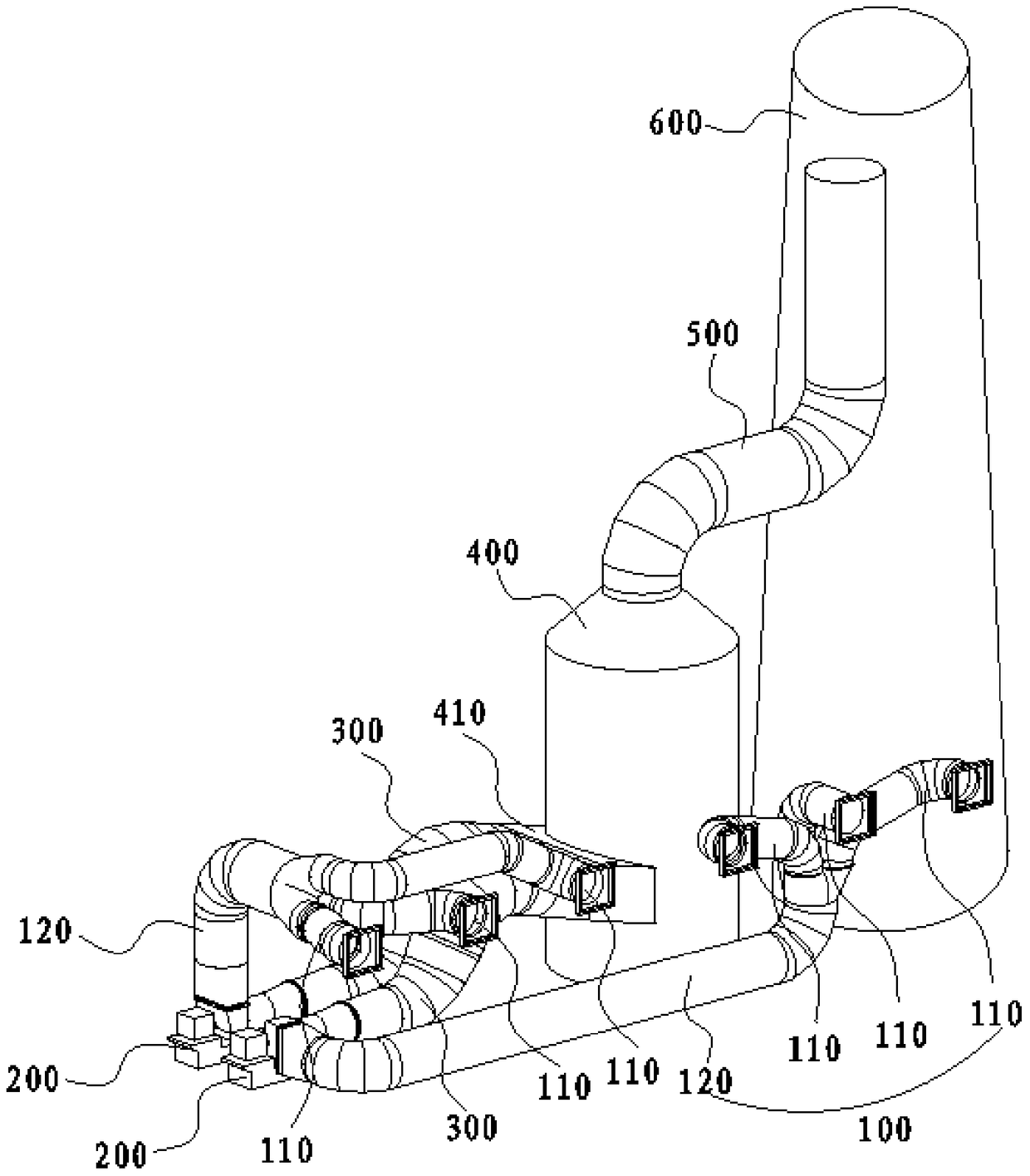 Combined layout structure of flue gas system with six outlets of dust collector and double row induced draft fan