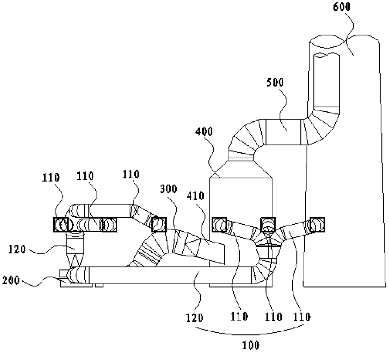 Combined layout structure of flue gas system with six outlets of dust collector and double row induced draft fan