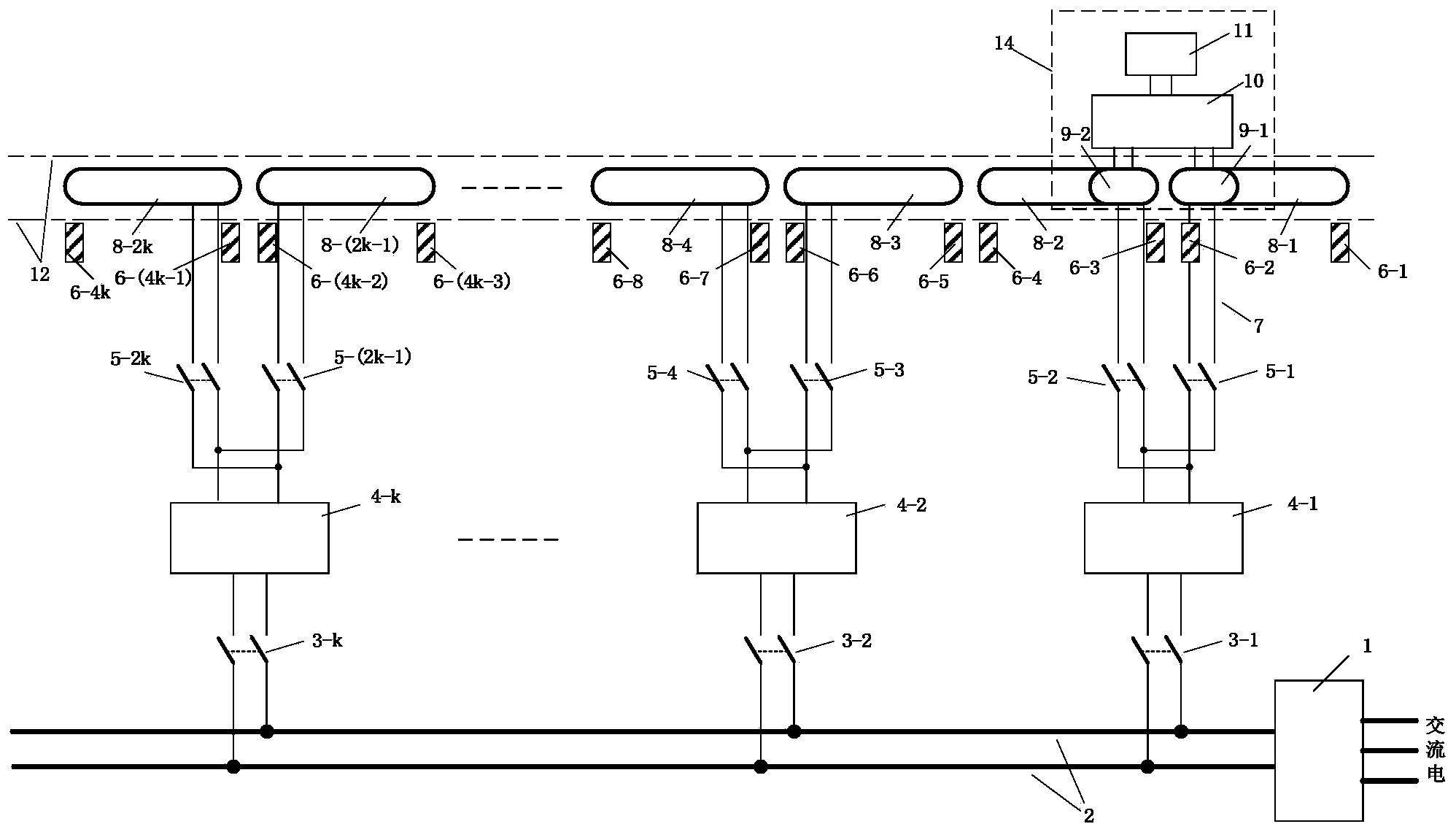 Movable type non-contact power supply system in which subsection power supply is adopted