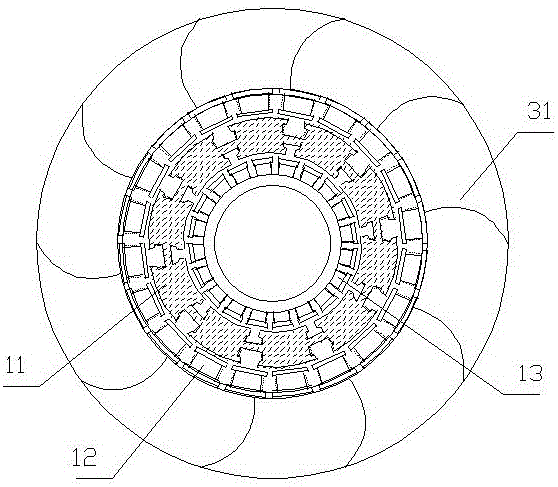 Umbrella type efficient excitation outer impeller inclined-jet hydraulic generator and acting method thereof