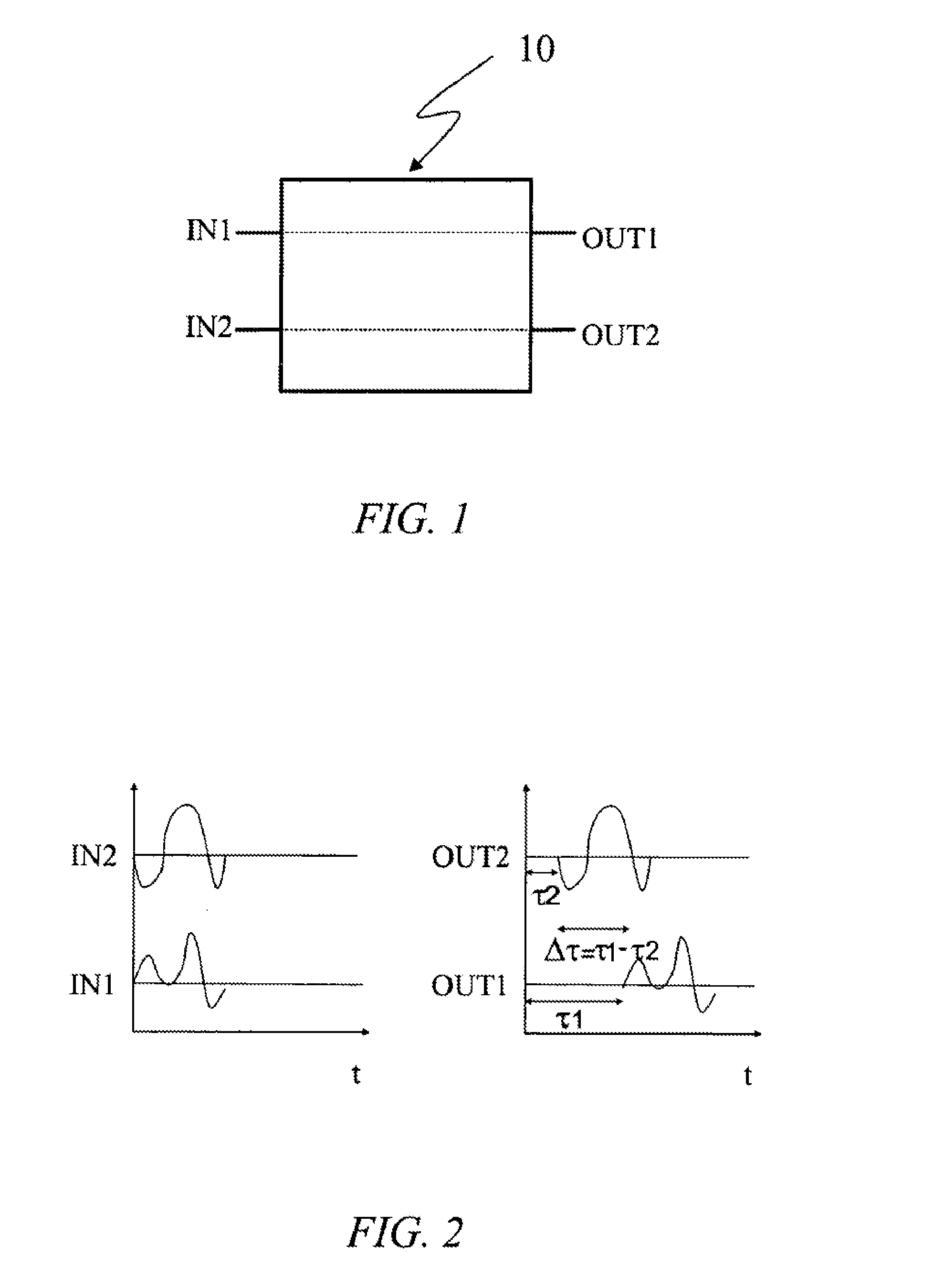 Delay element with a perturber displaceable between first and second microstrip circuits