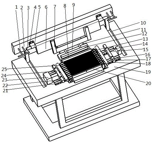 Collecting pipe, flat pipe and fin assembling device and process for heat exchanger of air conditioner of automobile