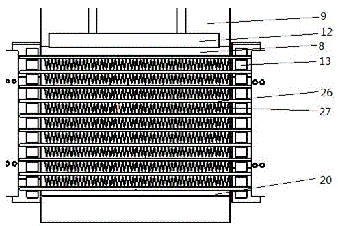 Collecting pipe, flat pipe and fin assembling device and process for heat exchanger of air conditioner of automobile