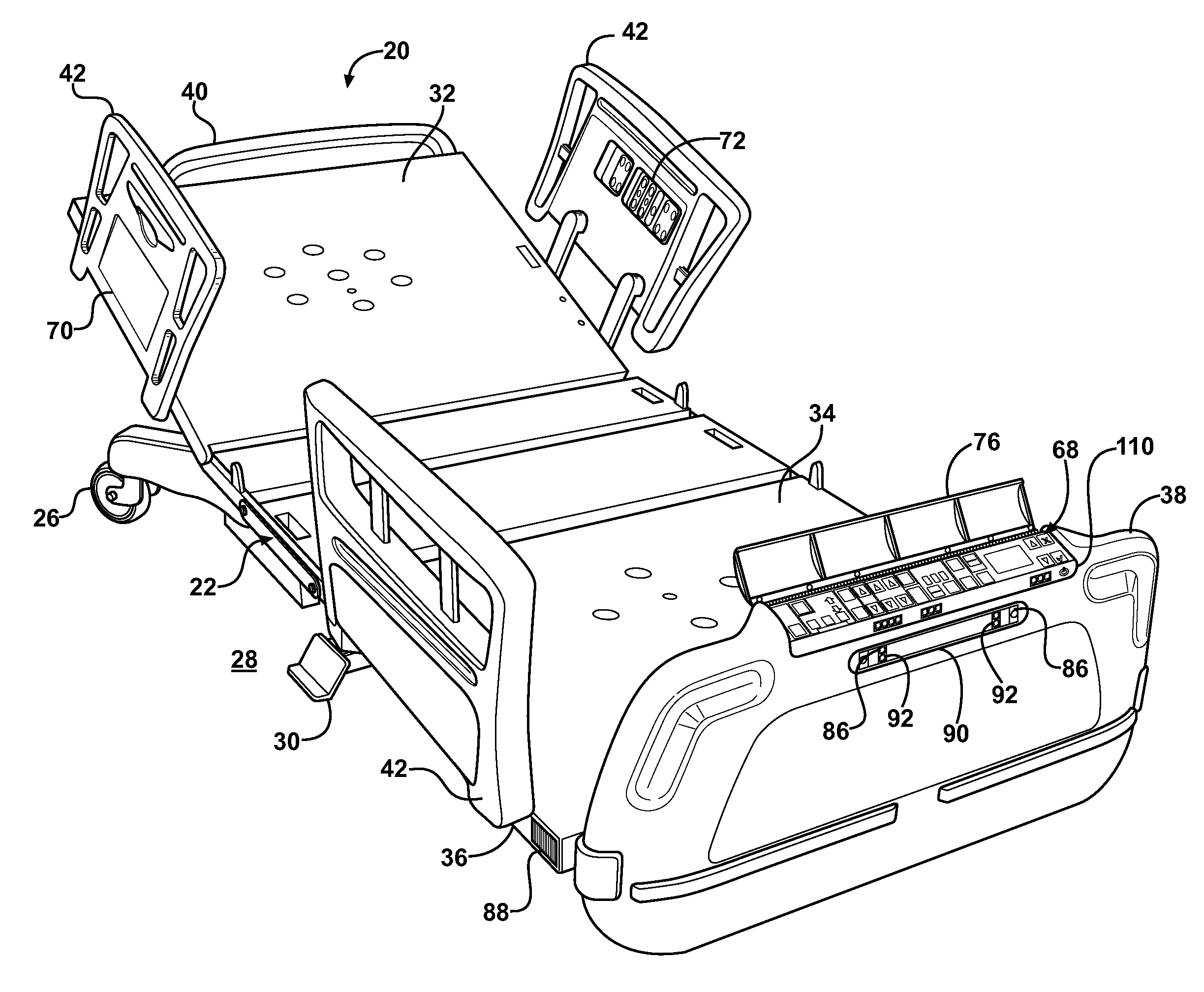 Patient handling device including local status indication, one-touch fowler angle adjustment, and power-on alarm configuration