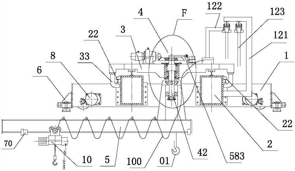 Cantilever crane provided with lifting trolley, running trolley and anti-rollover end beams