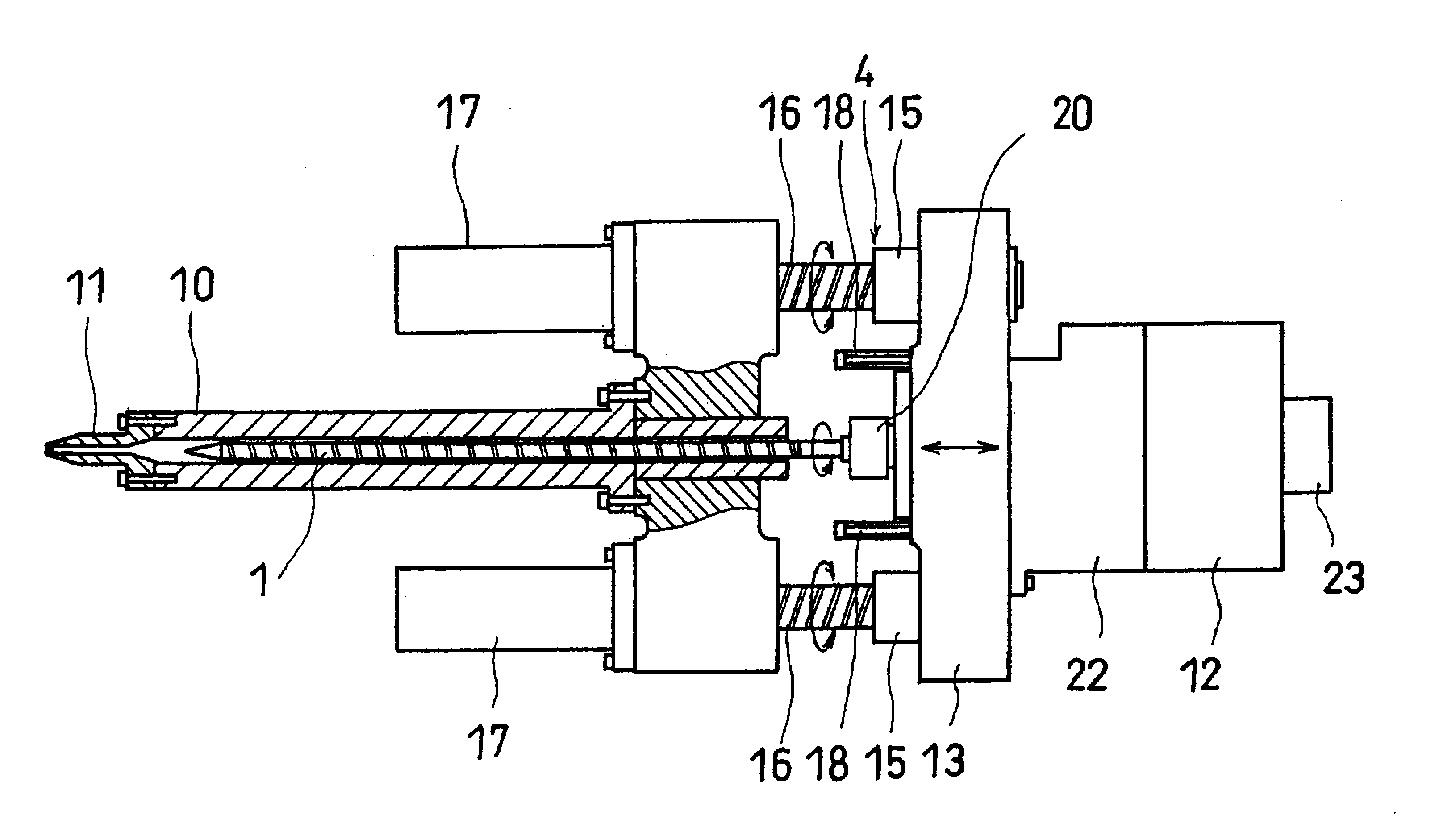 Injection molding machine having a screw support base moved by an actuator