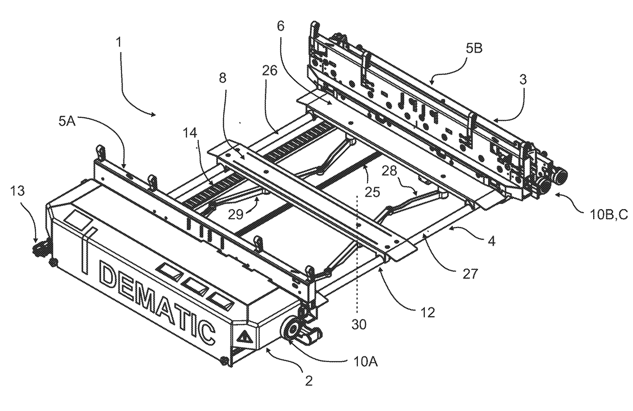 Automatically centering load support for shuttle vehicles having a variable receiving width