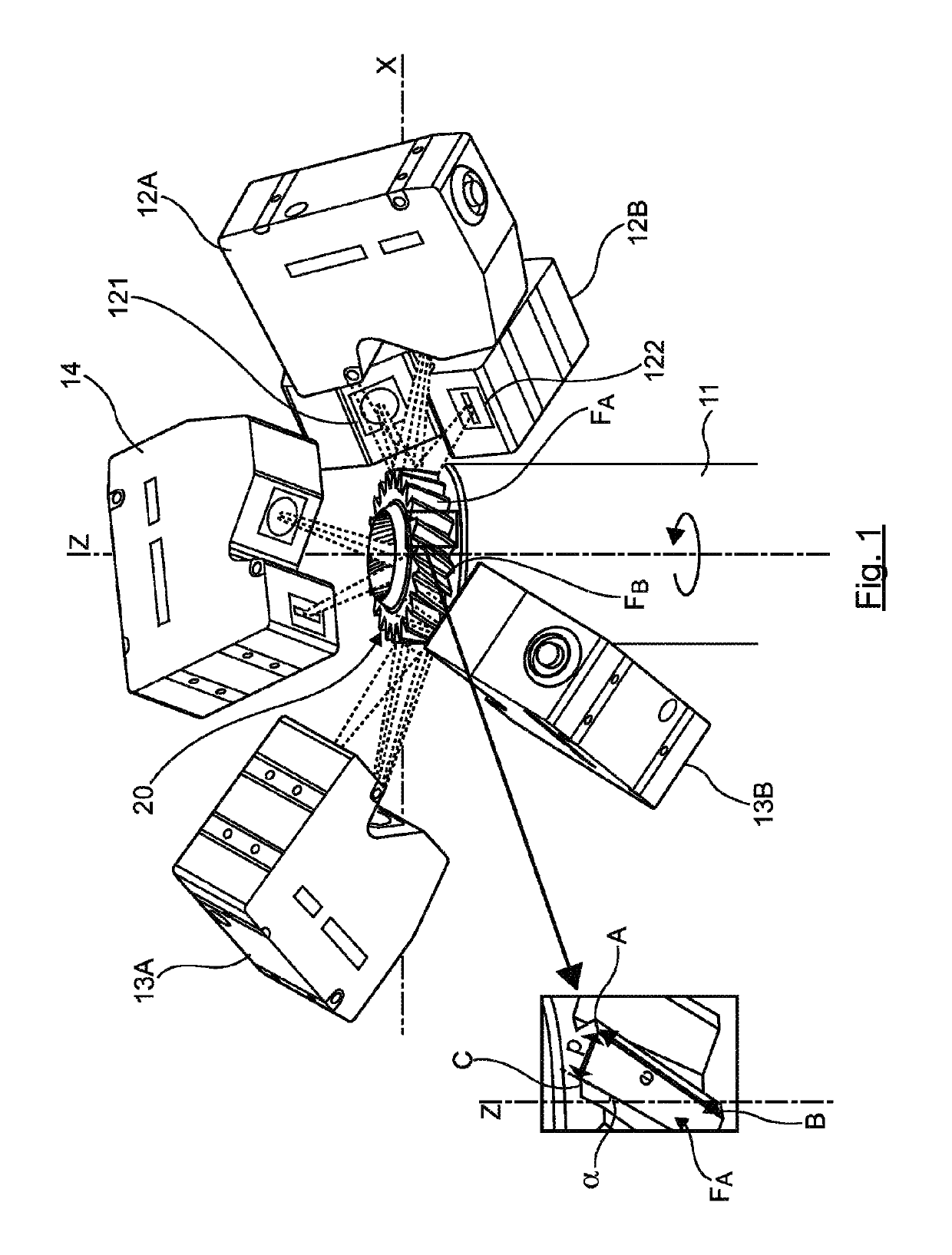 Device for the contactless three-dimensional inspection of a mechanical component with toothing