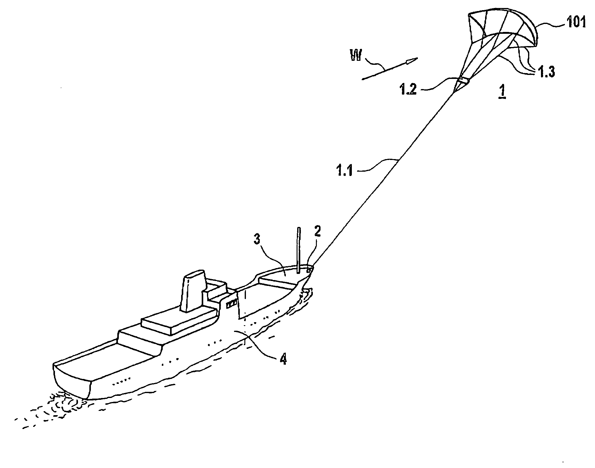 Placement system for a flying kite-type wind-attacked element in a wind-powered watercraft