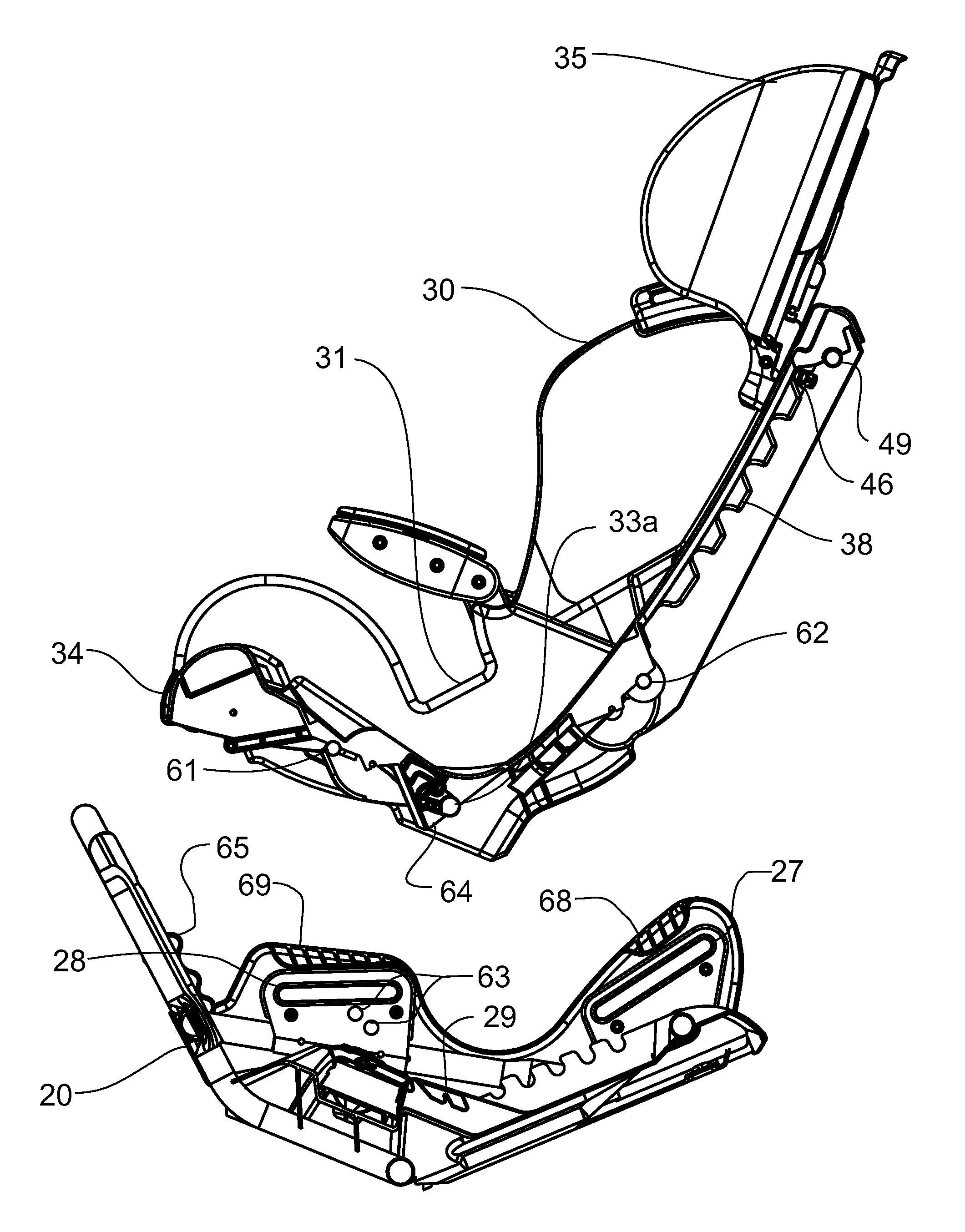 Reversible child car seat with separable base member