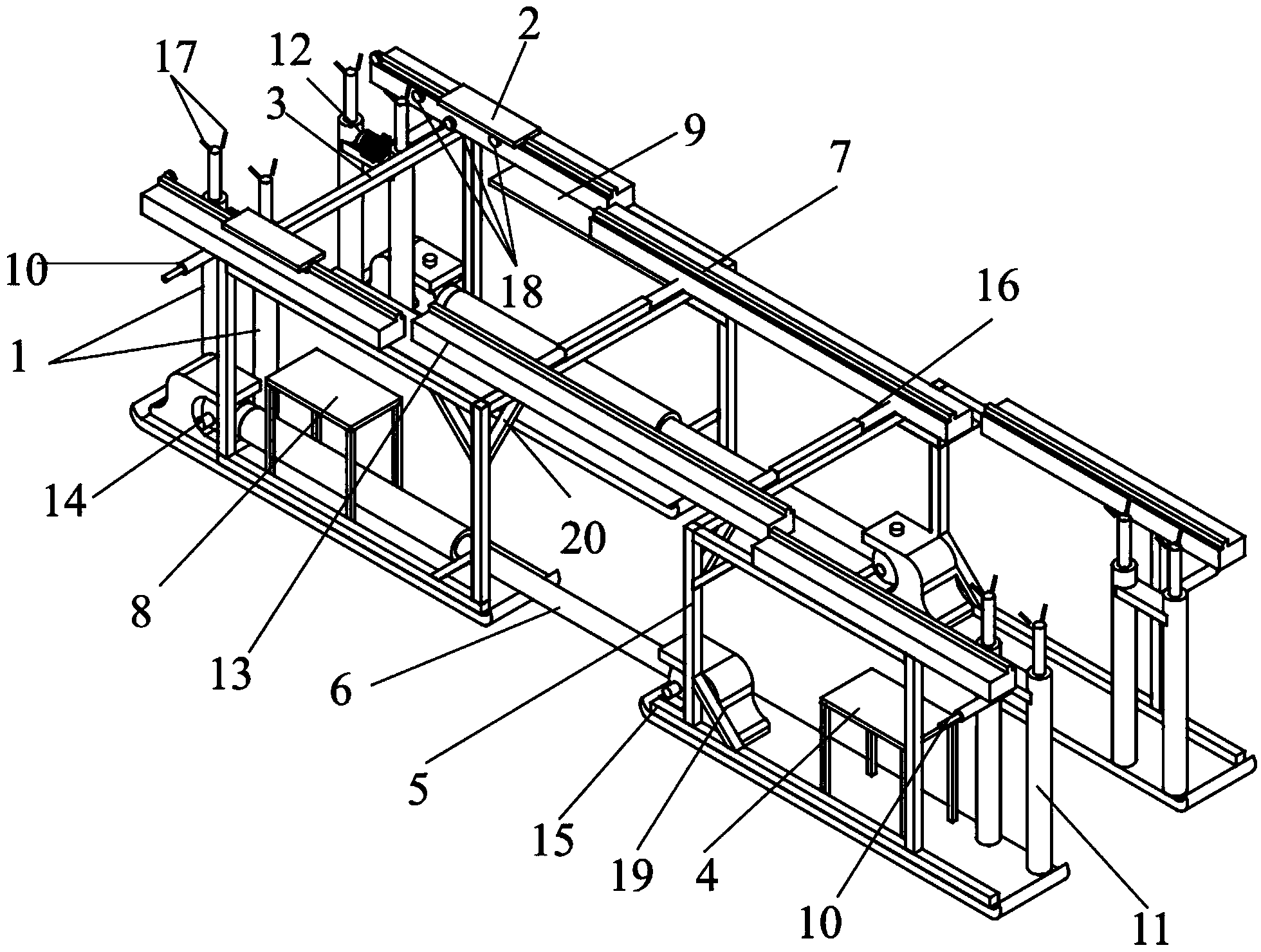 Frame device for lifting and transporting tunneling head-on temporary bracket, and operation method