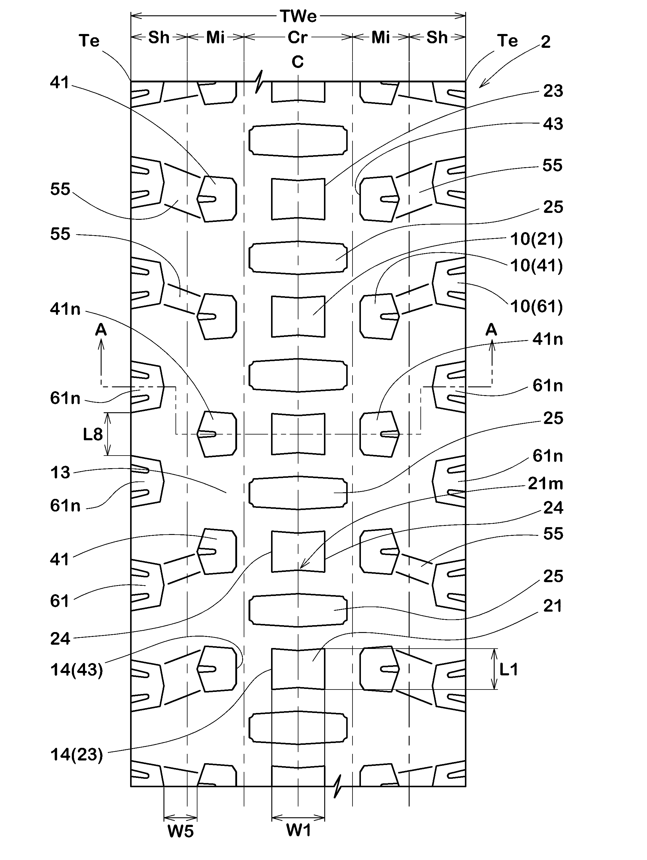 Motorcycle tire for running on rough terrain