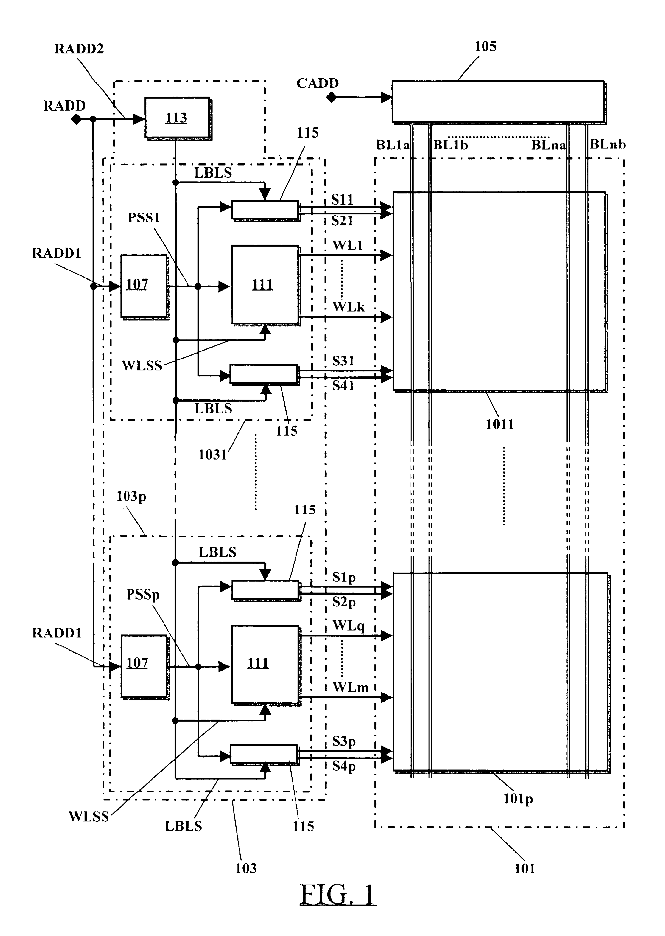 Line selector for a matrix of memory elements