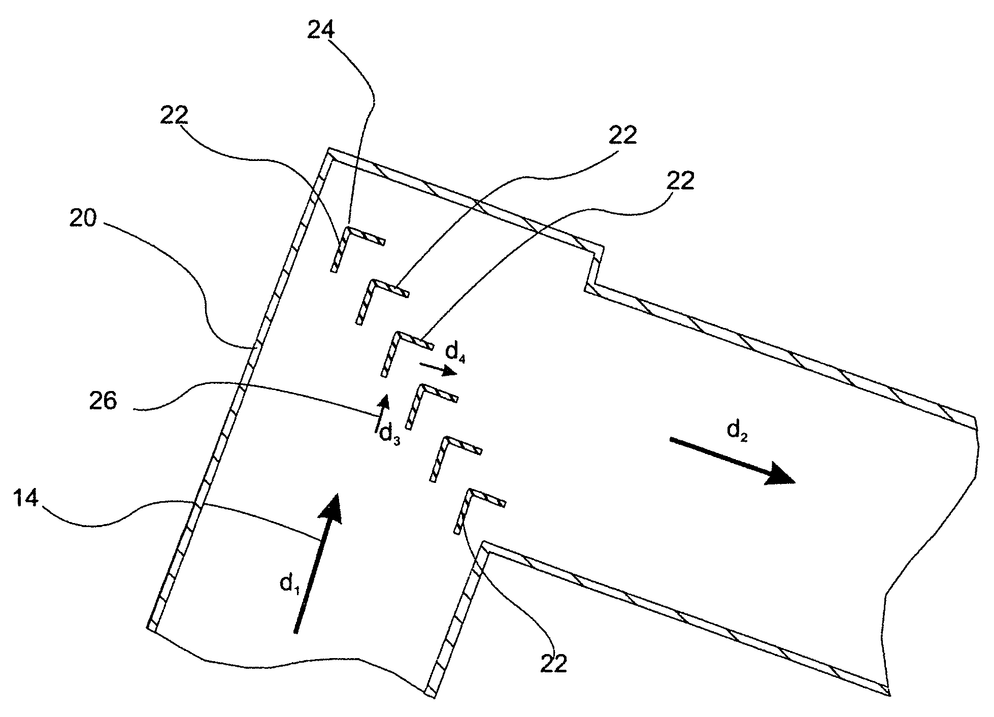 Gas-liquid separator utilizing turning vanes to capture liquid droplets as well as redirect the gas flow around a bend